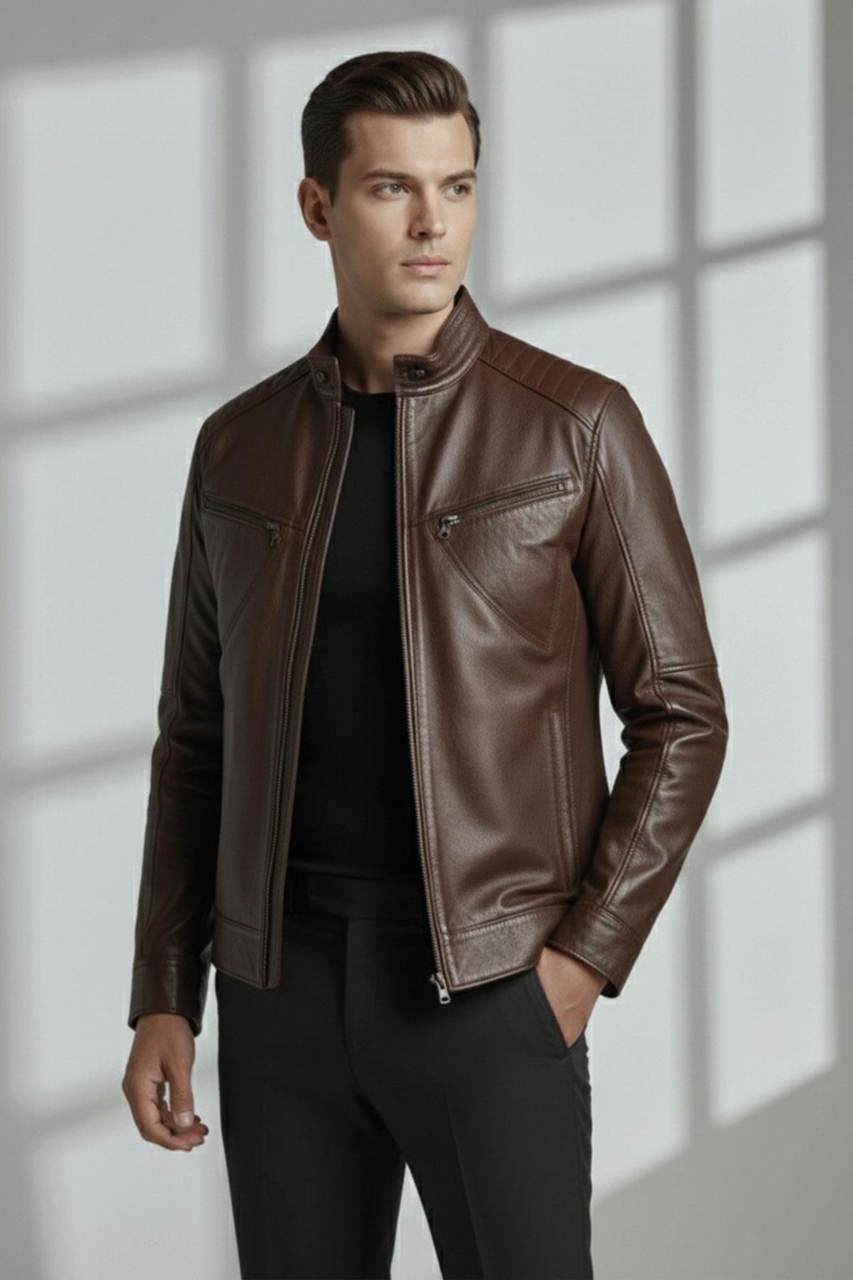 Kahve Hector Hakim Yaka Fermuarlı Astarlı Erkek Hakiki Deri Mont