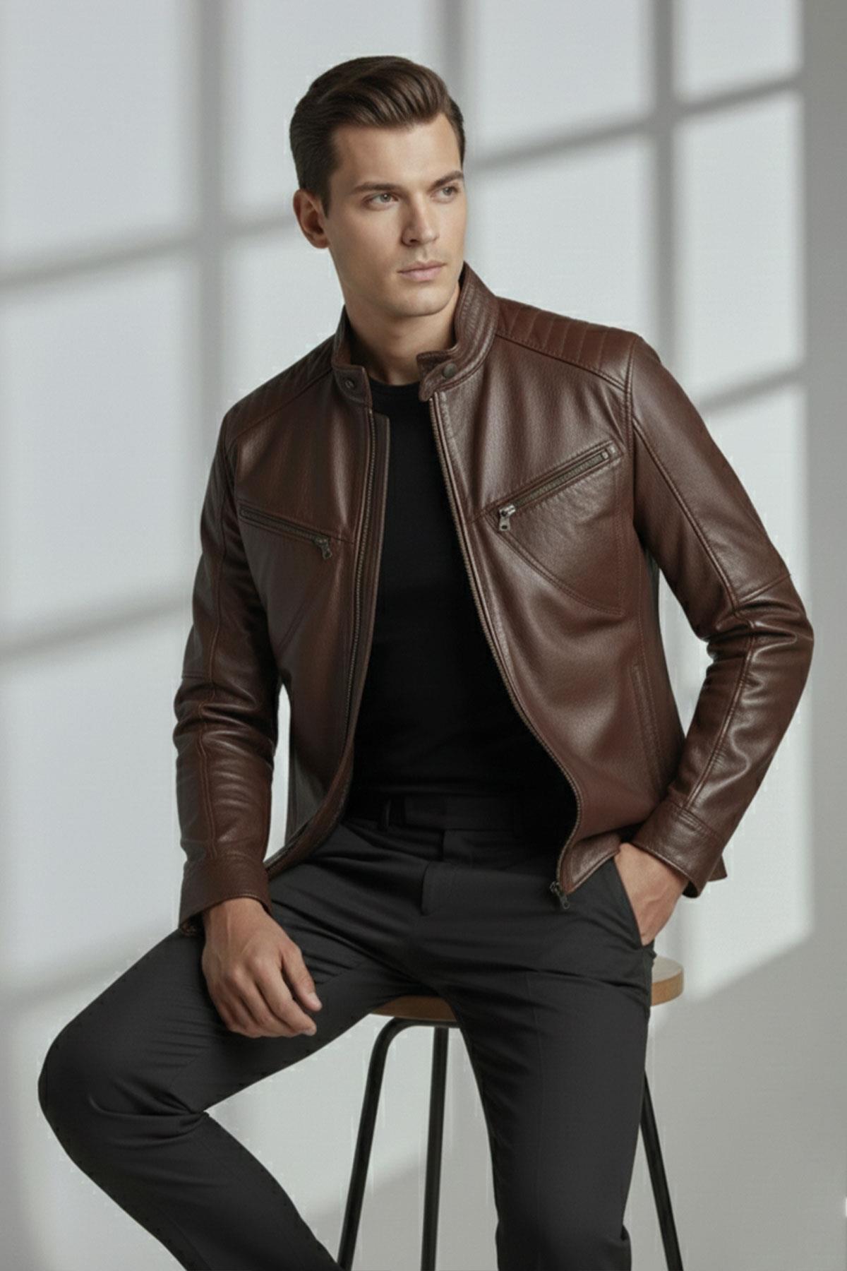 Kahve Hector Hakim Yaka Fermuarlı Astarlı Erkek Hakiki Deri Mont