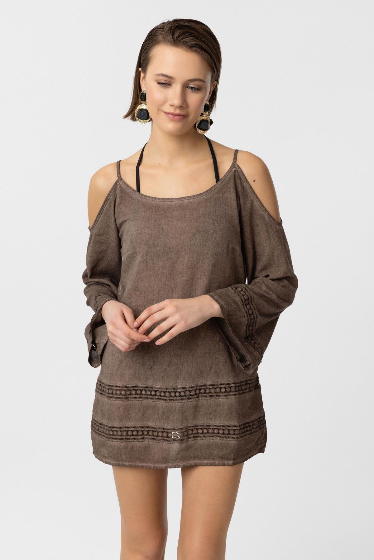 Kahve İnce Askılı Dantel Detaylı Truvakar Kol Pamuklu Gömlek