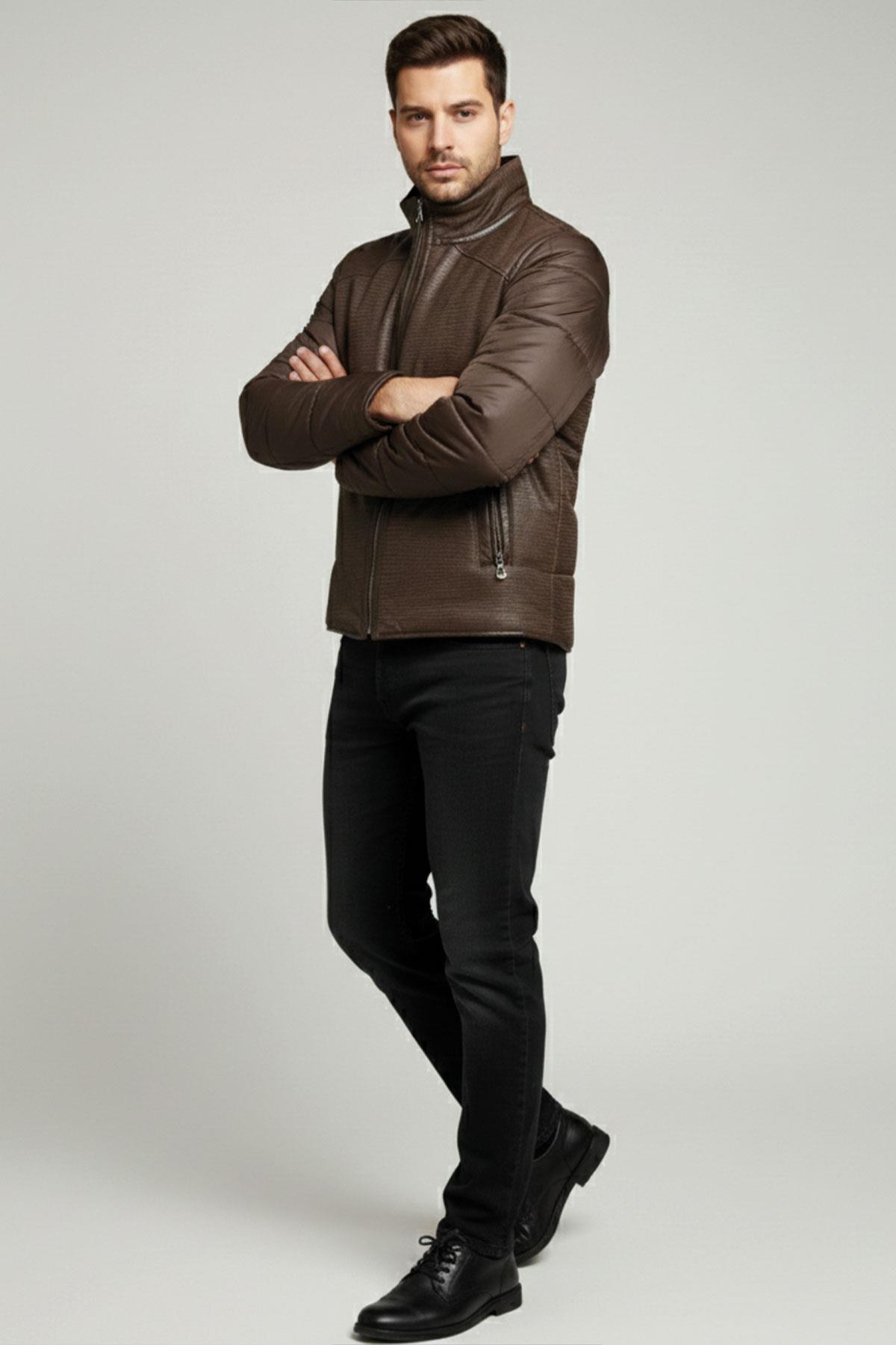 Kahve James Yaka Kürk Arka Beden ve Kollar Kapitone Kumaş Fermuarlı Astarsız Erkek Hakiki Deri Mont