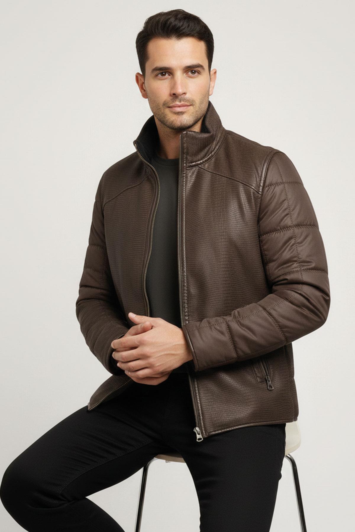 Kahve James Yaka Kürk Arka Beden ve Kollar Kapitone Kumaş Fermuarlı Astarsız Erkek Hakiki Deri Mont