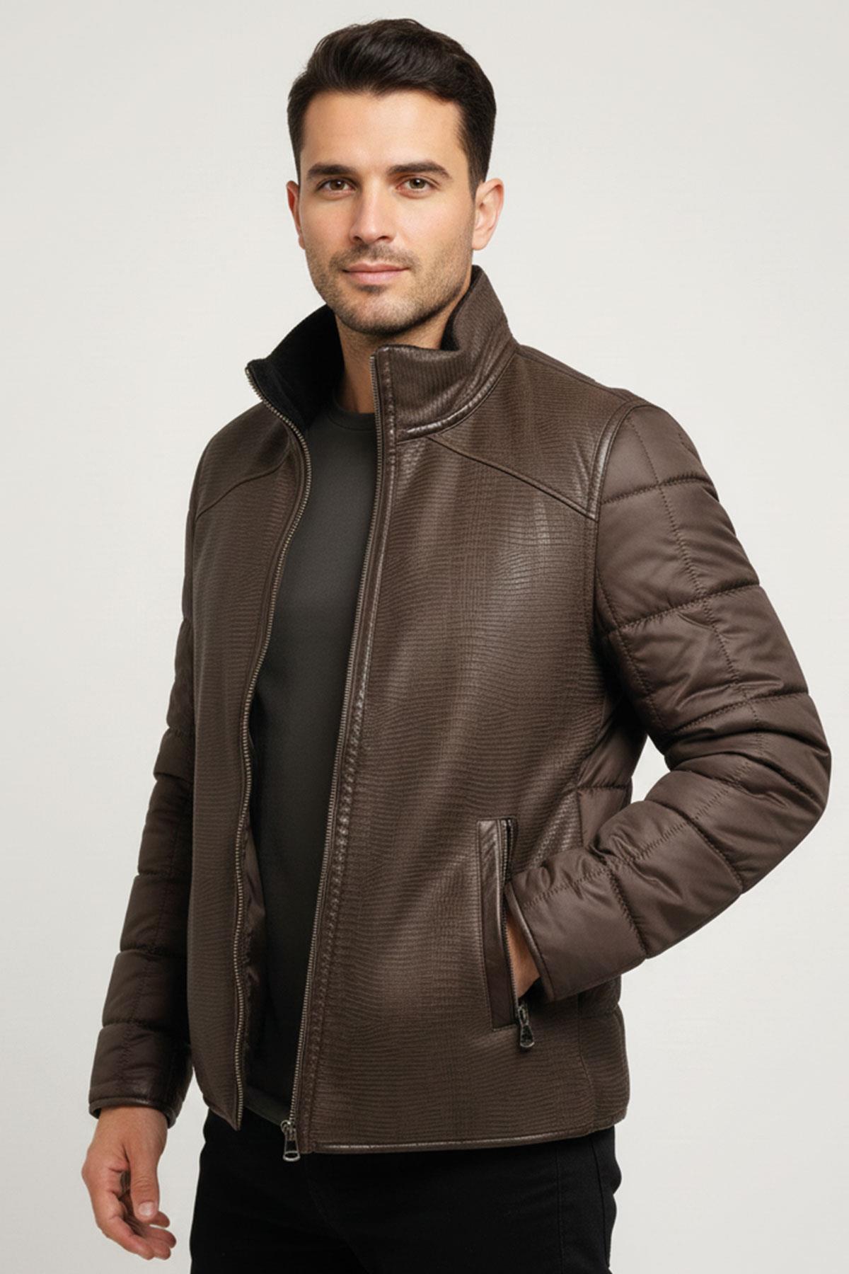 Kahve James Yaka Kürk Arka Beden ve Kollar Kapitone Kumaş Fermuarlı Astarsız Erkek Hakiki Deri Mont