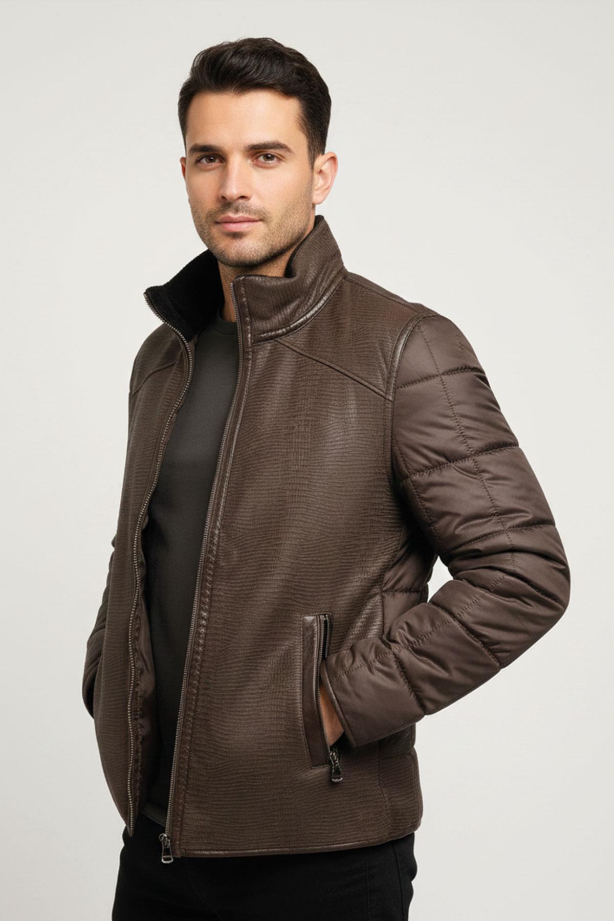 Kahve James Yaka Kürk Arka Beden ve Kollar Kapitone Kumaş Fermuarlı Astarsız Erkek Hakiki Deri Mont