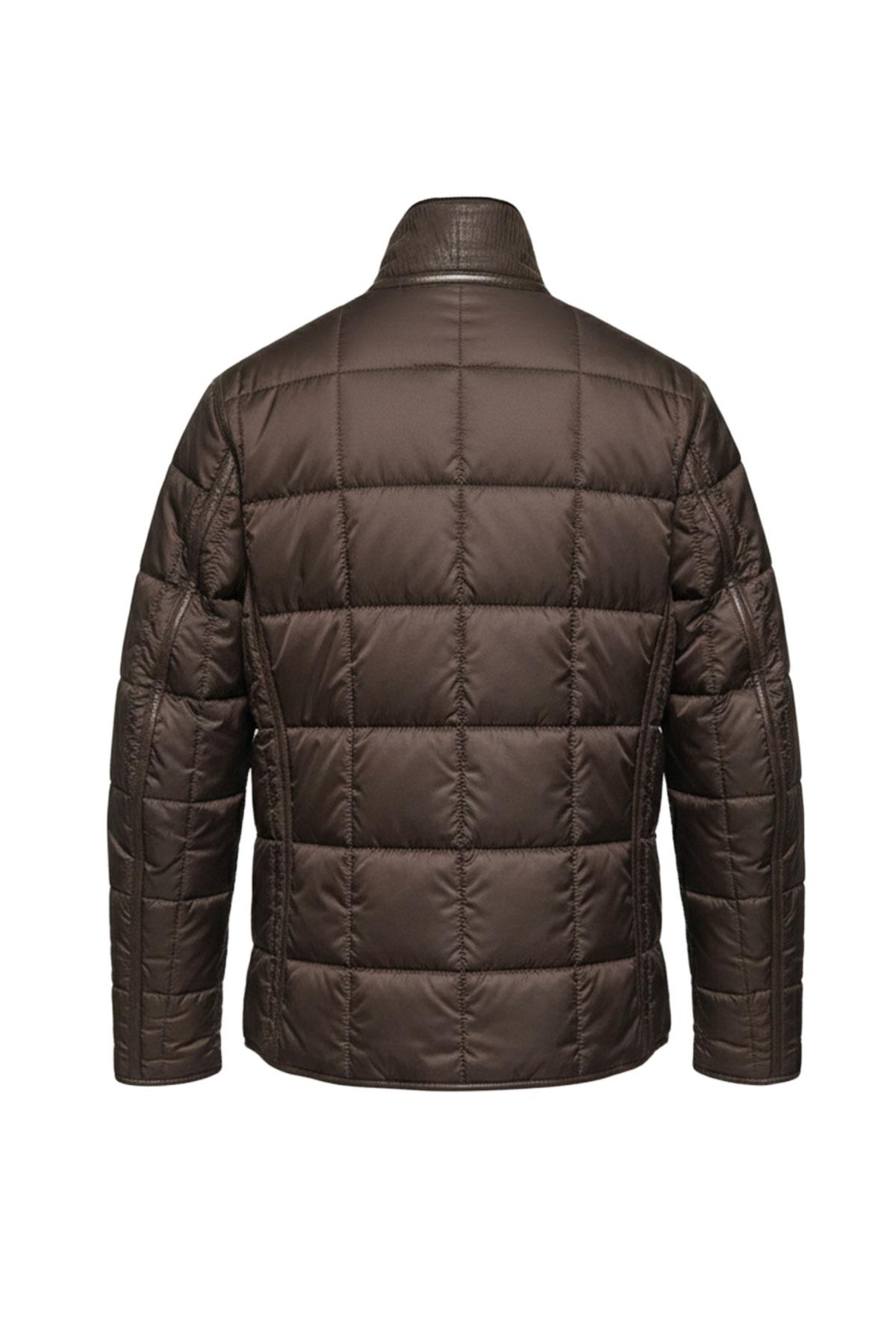 Kahve James Yaka Kürk Arka Beden ve Kollar Kapitone Kumaş Fermuarlı Astarsız Erkek Hakiki Deri Mont