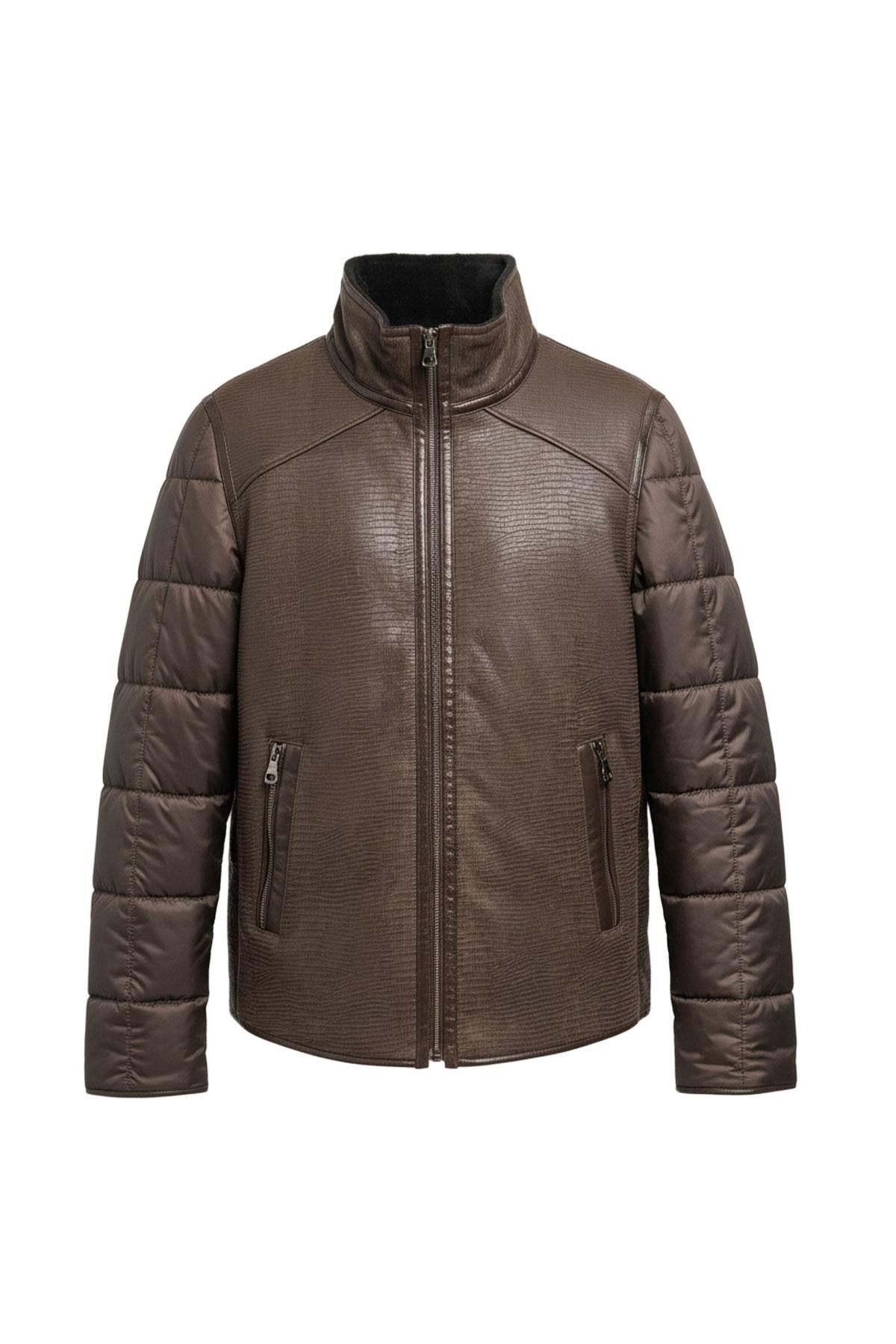 Kahve James Yaka Kürk Arka Beden ve Kollar Kapitone Kumaş Fermuarlı Astarsız Erkek Hakiki Deri Mont