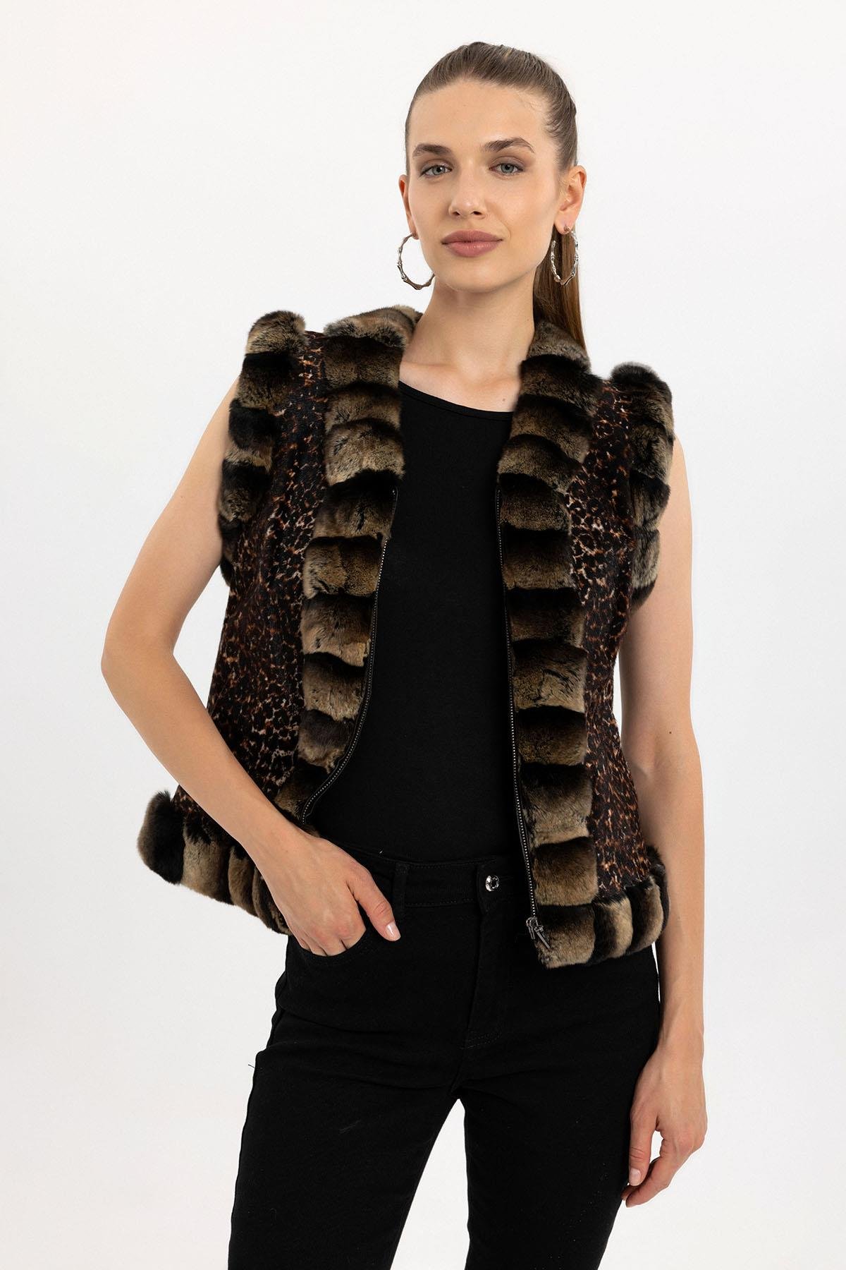 Kahve Kadın Leopar Tüylü Hakiki Deri Yelek