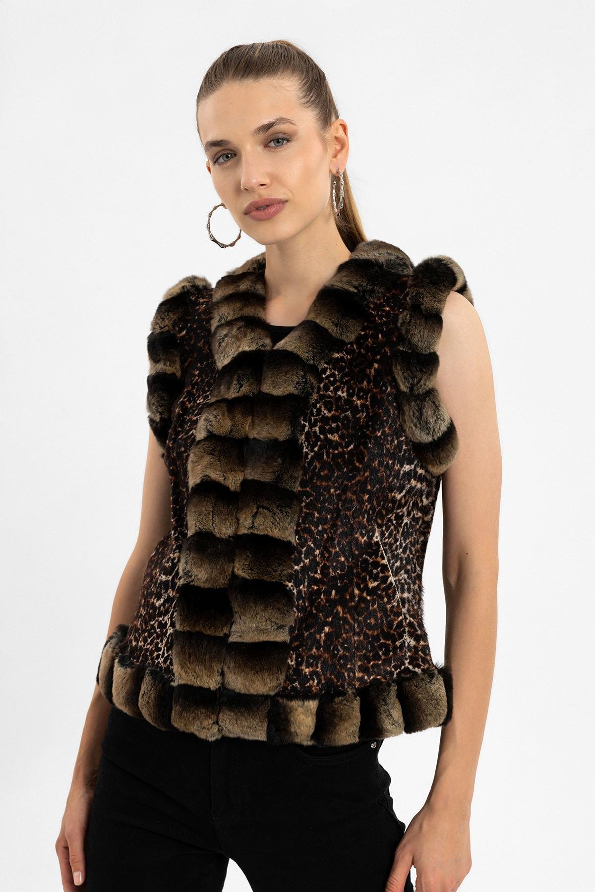 Kahve Kadın Leopar Tüylü Hakiki Deri Yelek