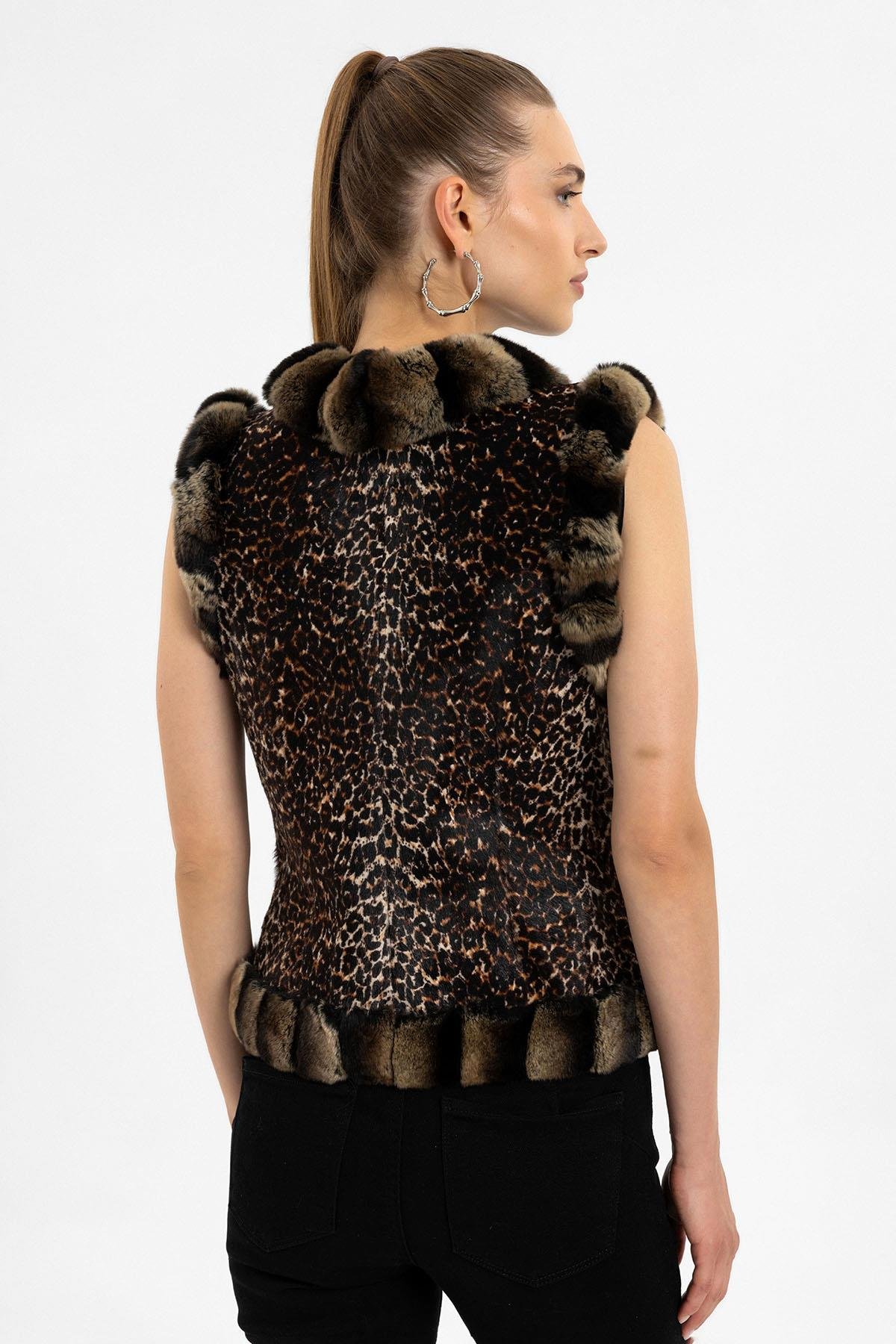 Kahve Kadın Leopar Tüylü Hakiki Deri Yelek
