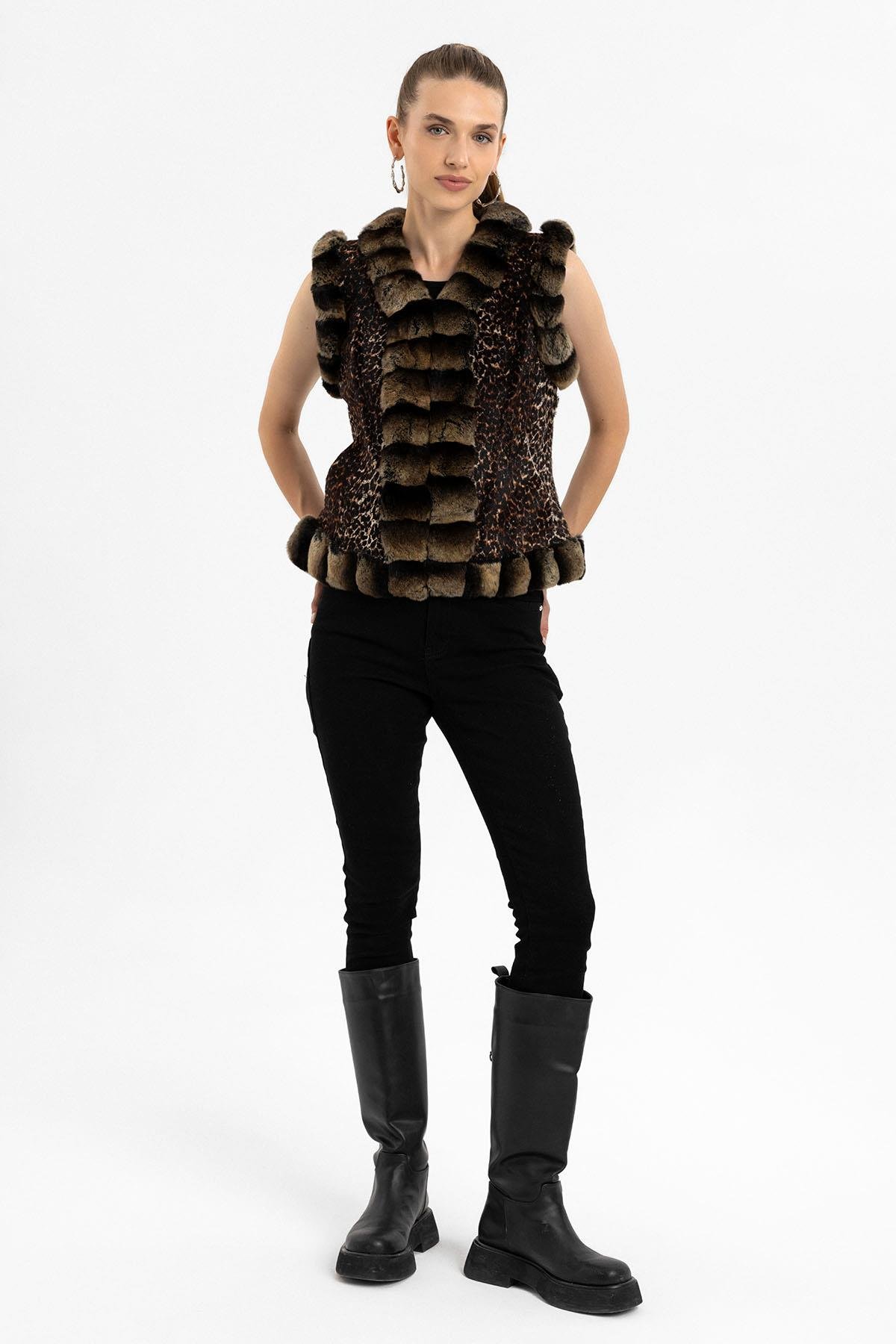 Kahve Kadın Leopar Tüylü Hakiki Deri Yelek