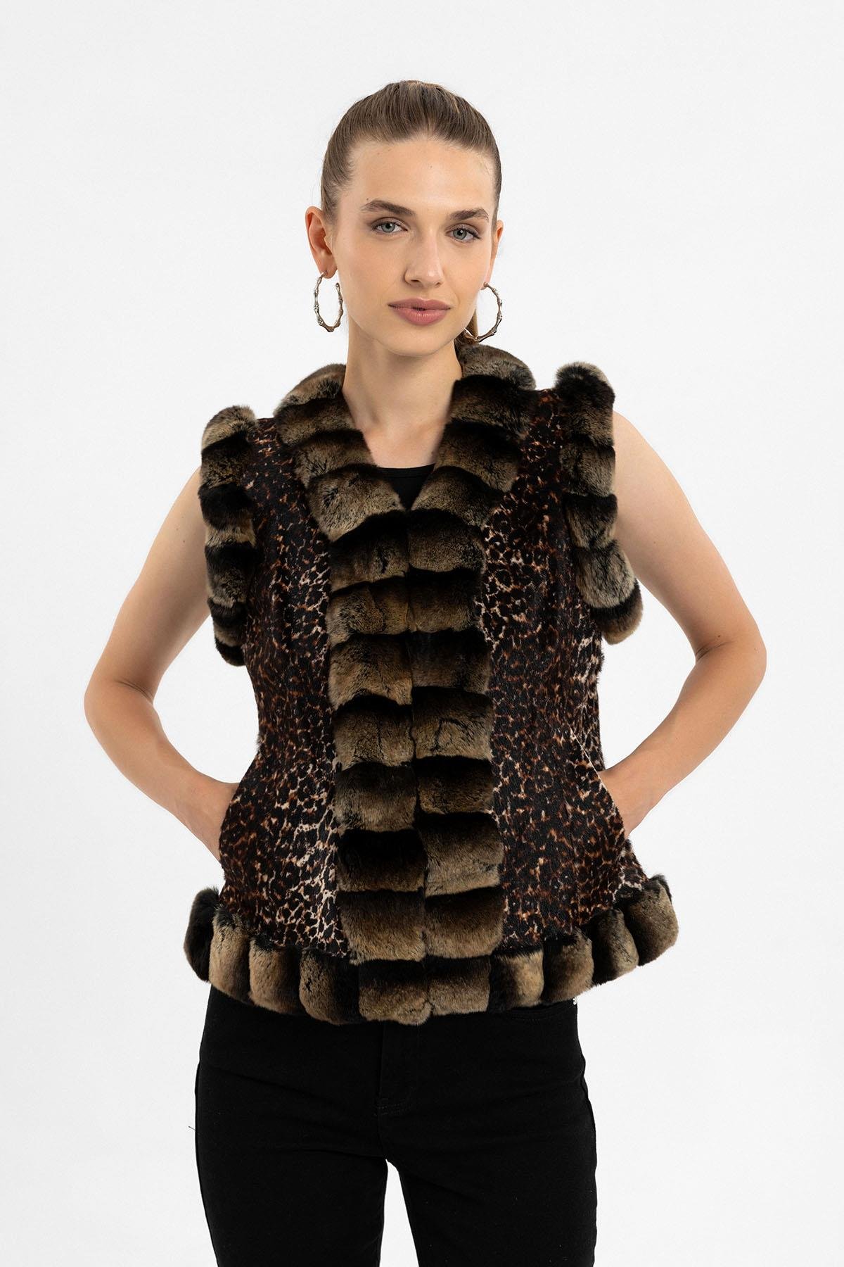 Kahve Kadın Leopar Tüylü Hakiki Deri Yelek