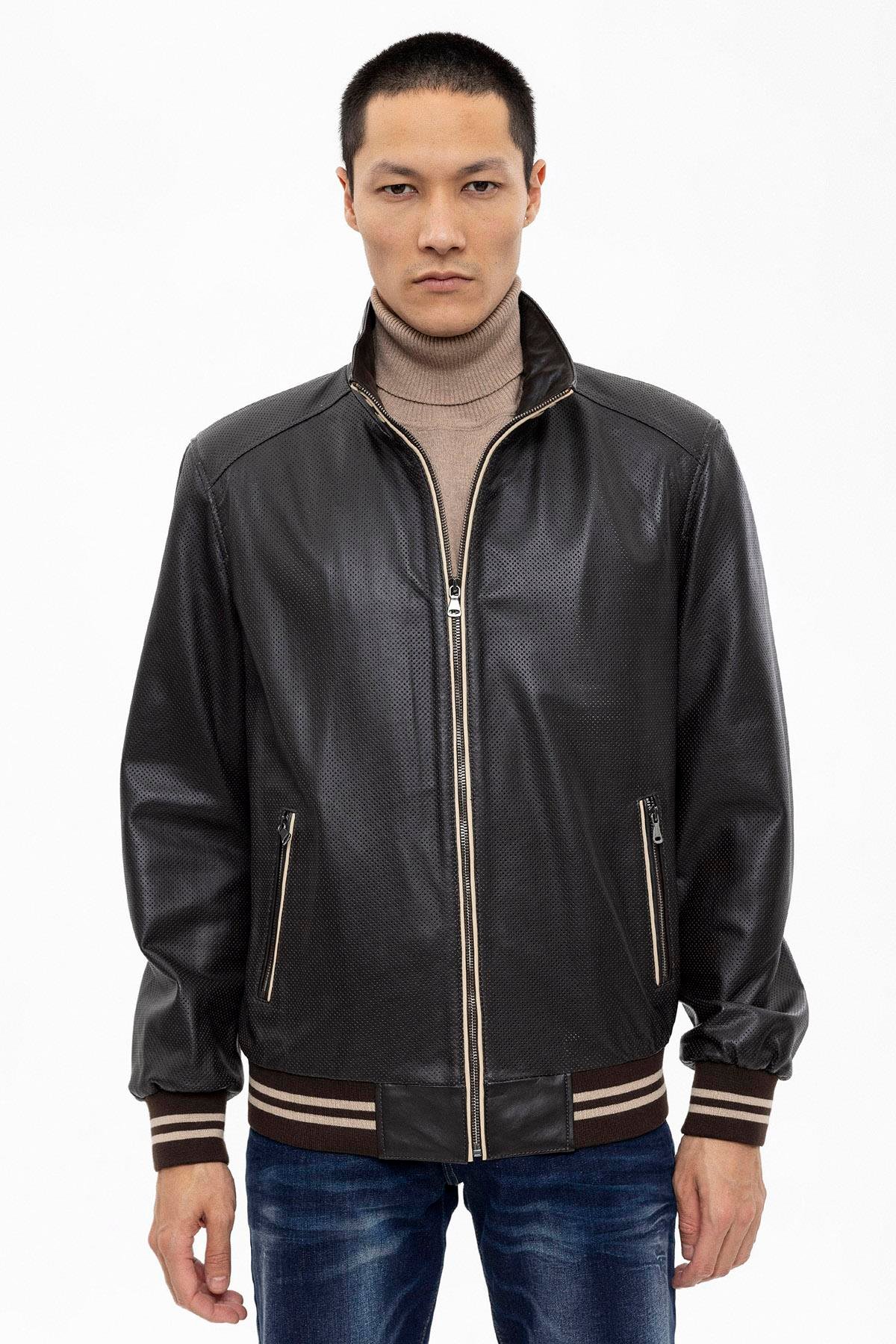 Kahve Kol ve Bel Trikolu Astarlı Fermuarlı Bej Garnili Hakiki Deri Mont