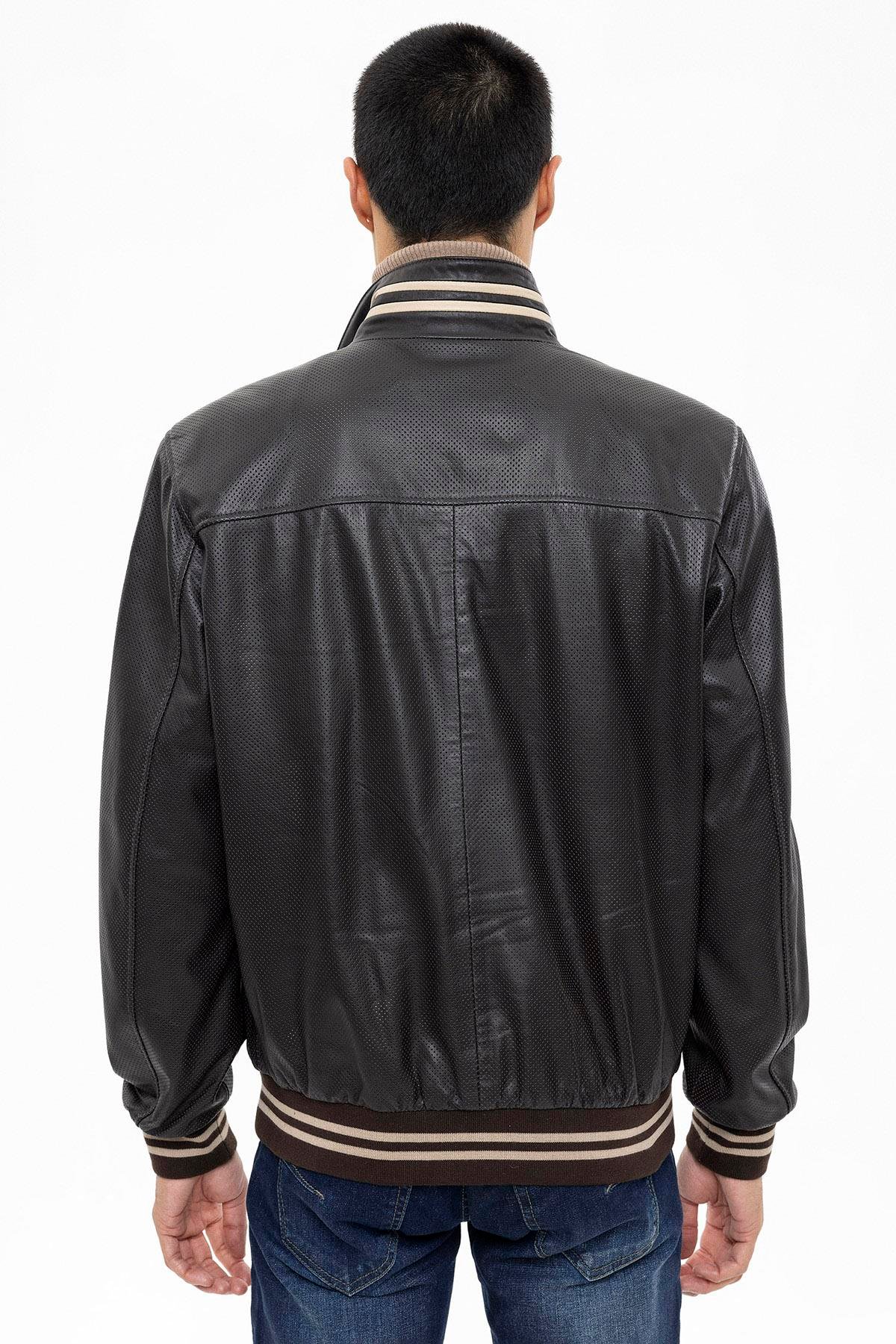 Kahve Kol ve Bel Trikolu Astarlı Fermuarlı Bej Garnili Hakiki Deri Mont