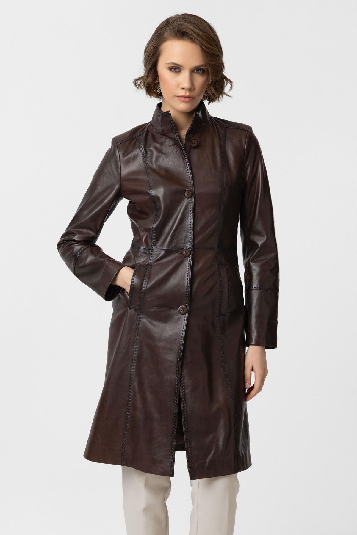 Coffee Cara Long Womens Button-Down Fit Cut Lined Long Genuine Leather Coat
