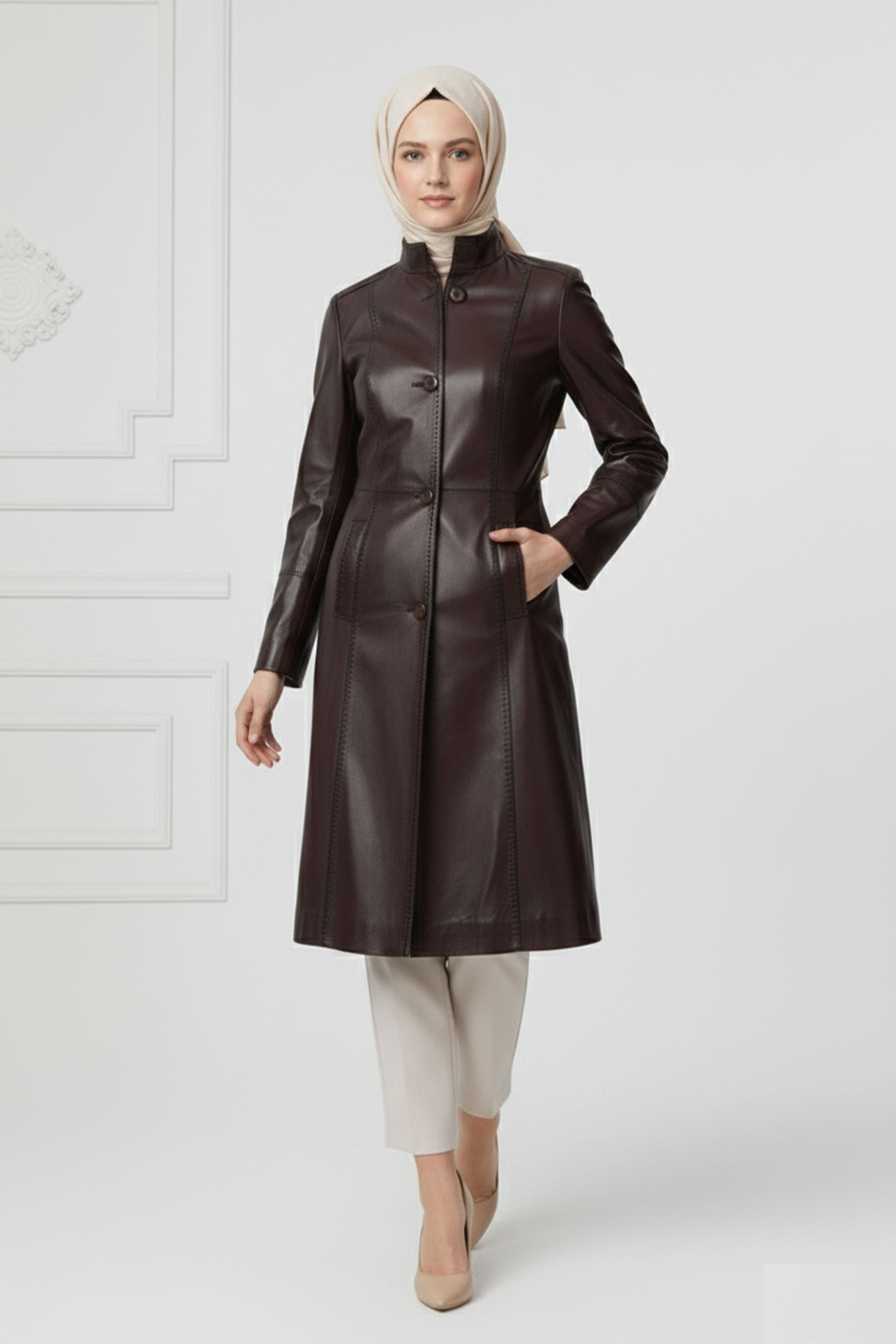 Kahve Laura Uzun Kadın Düğmeli Dar Fit kesim Astarlı Uzun Hakiki Deri Kaban