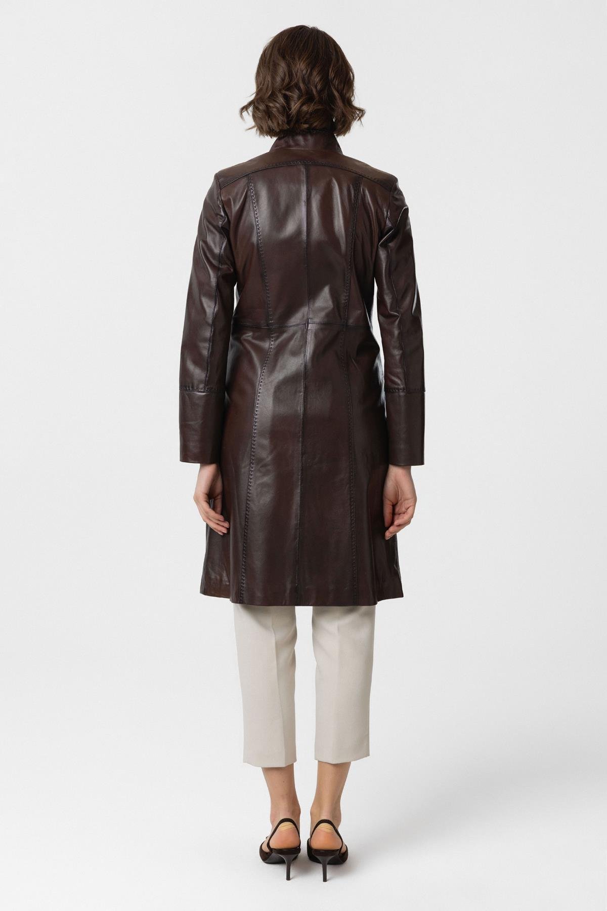 Coffee Cara Long Womens Button-Down Fit Cut Lined Long Genuine Leather Coat