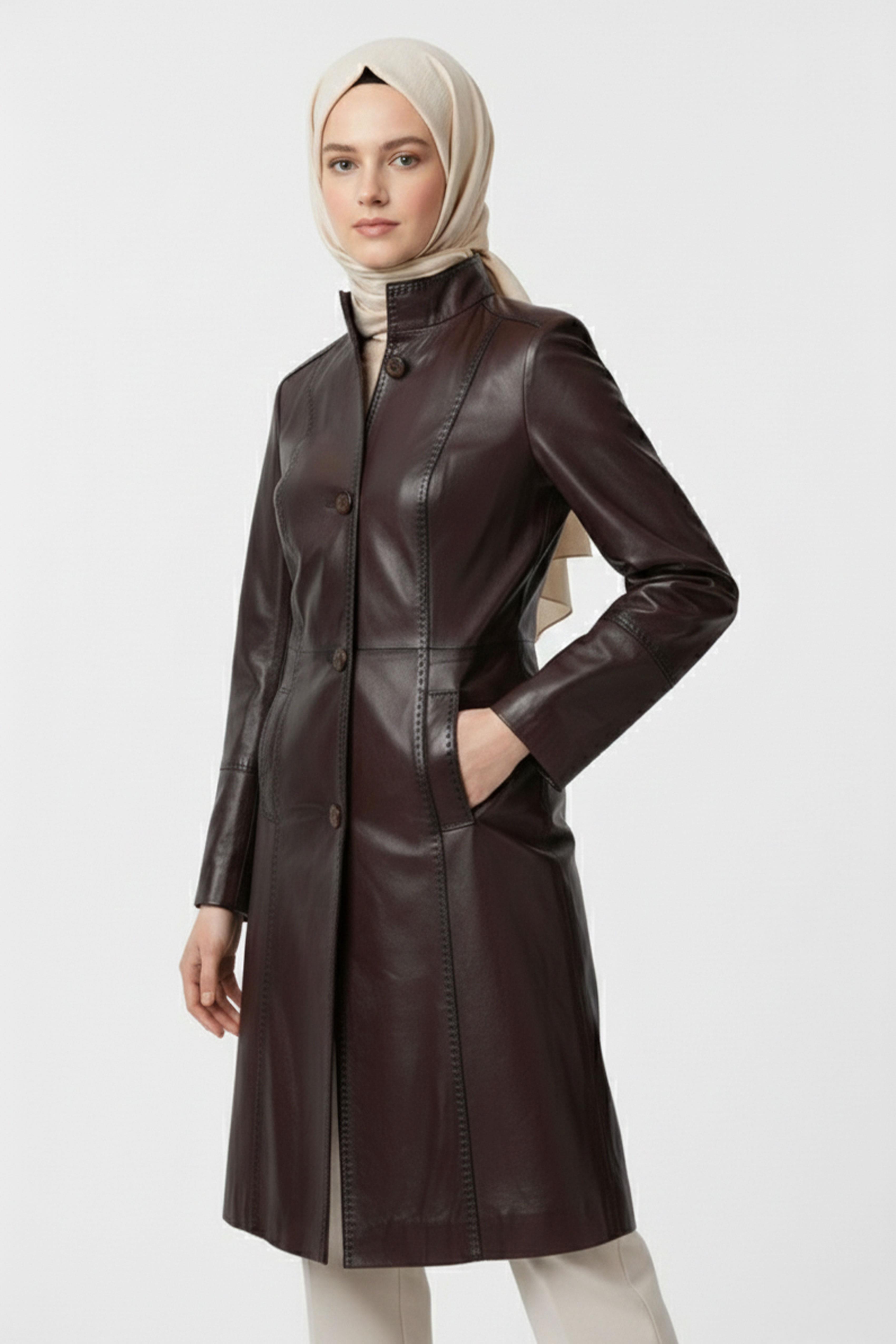 Kahve Laura Uzun Kadın Düğmeli Dar Fit kesim Astarlı Uzun Hakiki Deri Kaban