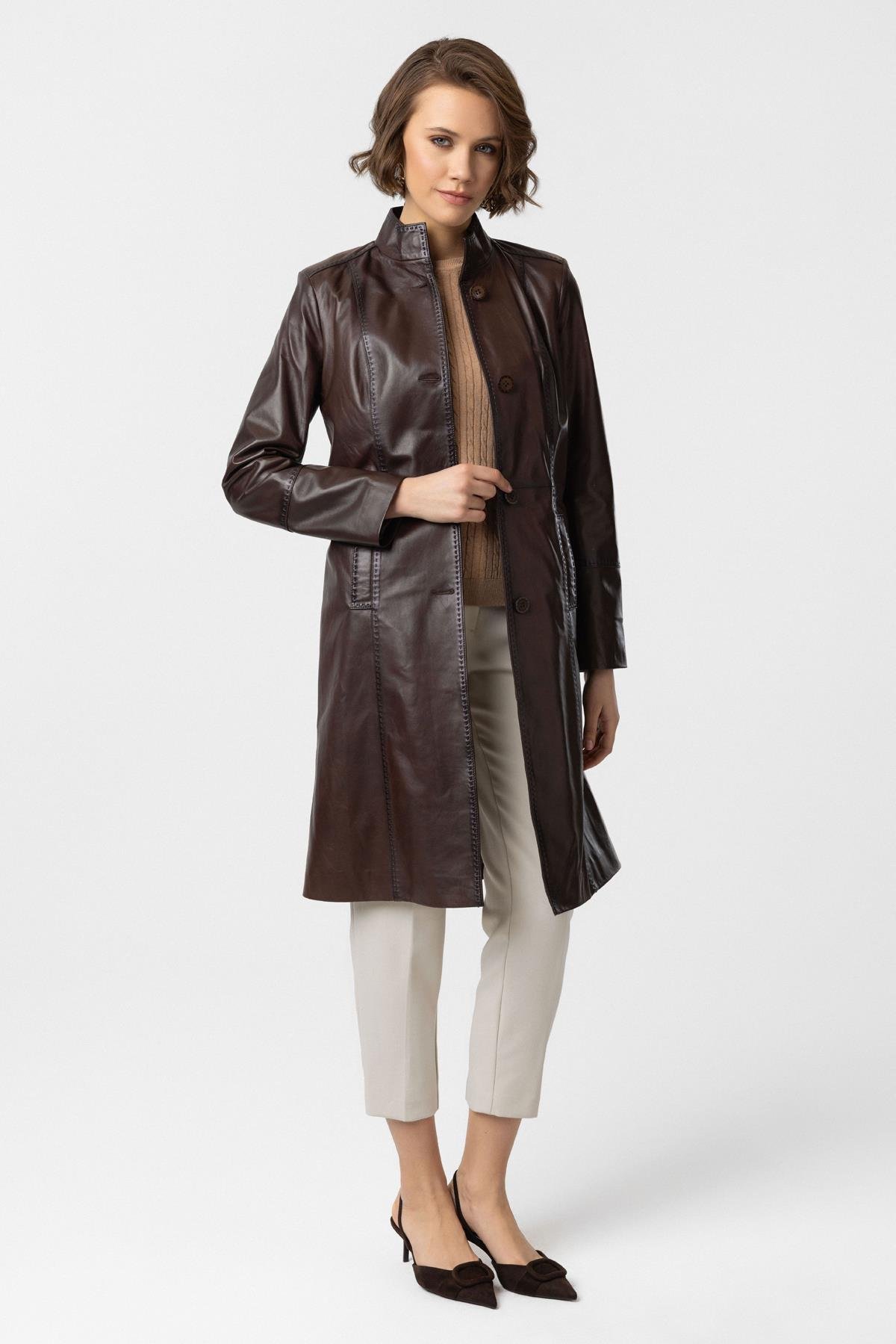 Coffee Cara Long Womens Button-Down Fit Cut Lined Long Genuine Leather Coat