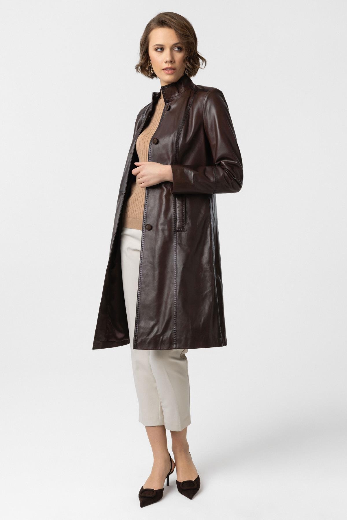 Coffee Cara Long Womens Button-Down Fit Cut Lined Long Genuine Leather Coat