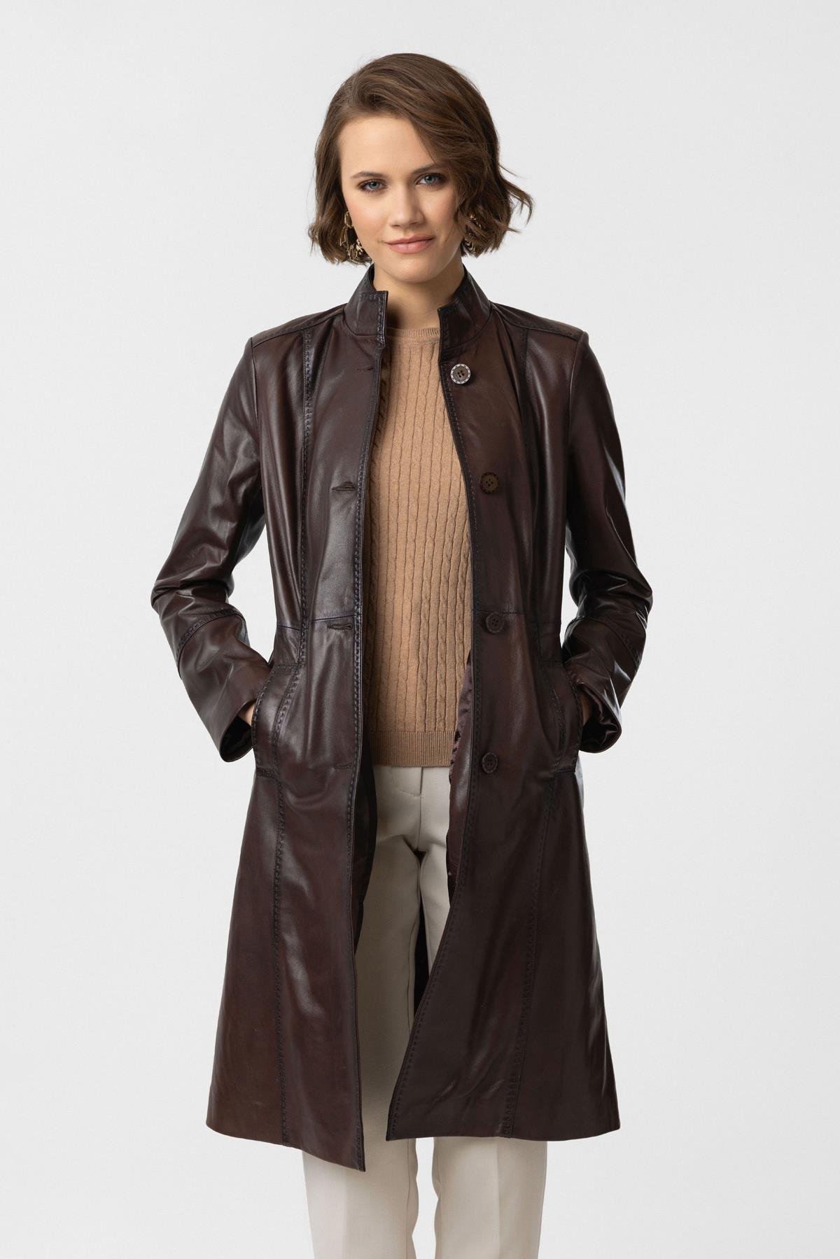 Coffee Cara Long Womens Button-Down Fit Cut Lined Long Genuine Leather Coat