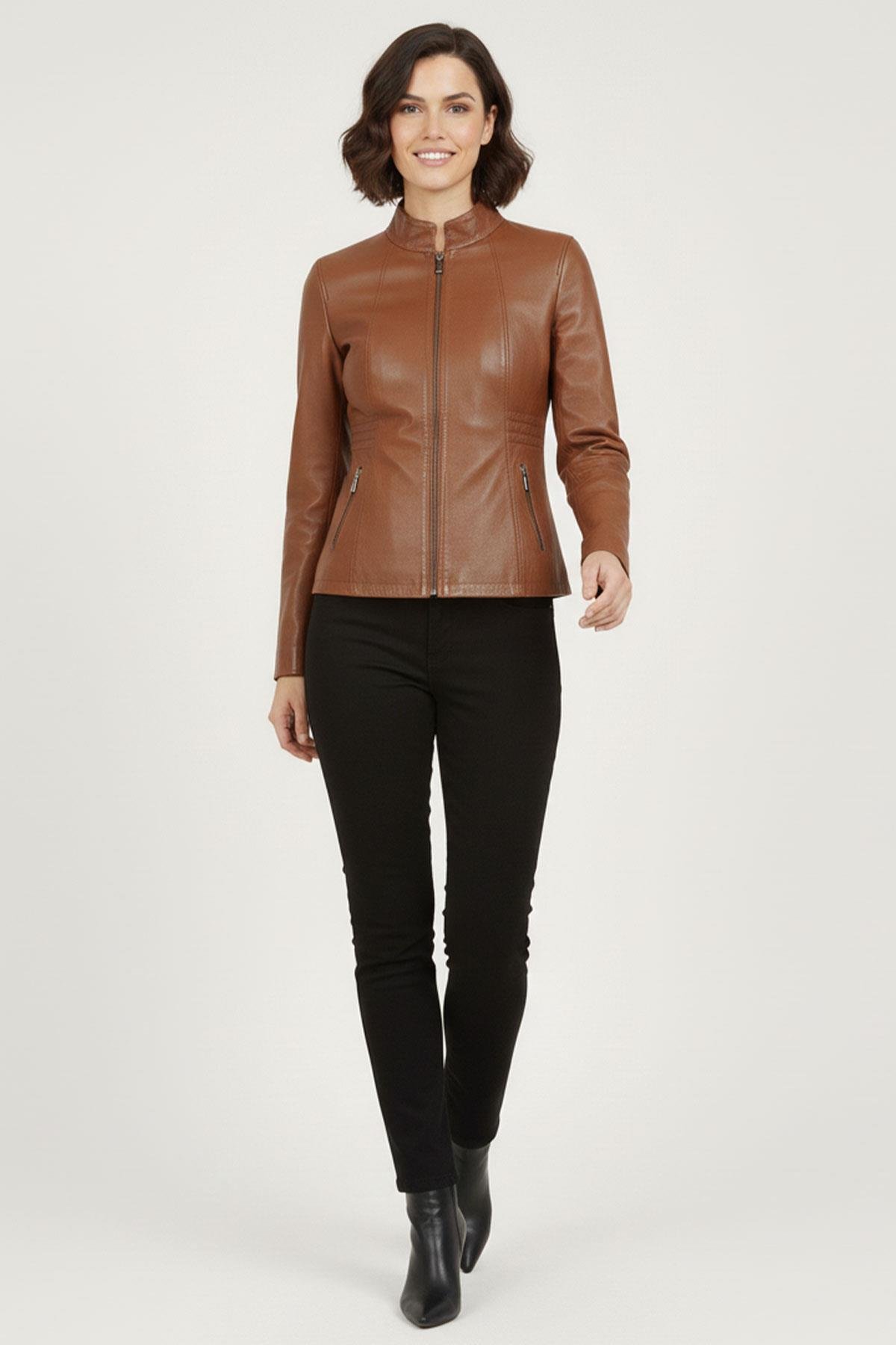 Kahve Lotus Fermuarlı Astarlı Kısa Omuzda Ve Kolda Dikişli Kadın Hakiki Deri Mont