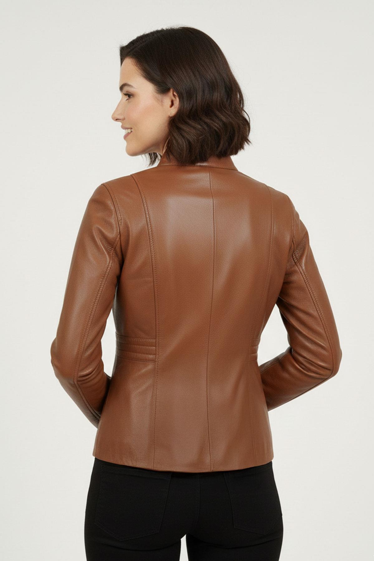 Kahve Lotus Fermuarlı Astarlı Kısa Omuzda Ve Kolda Dikişli Kadın Hakiki Deri Mont