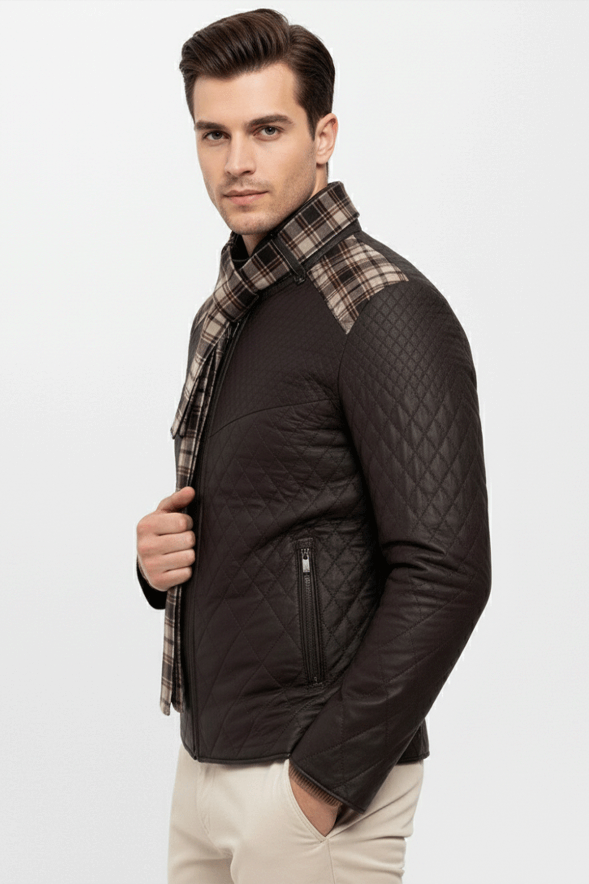 Kahve Steven Erkek Şallı Kapitone Hakiki Deri Mont