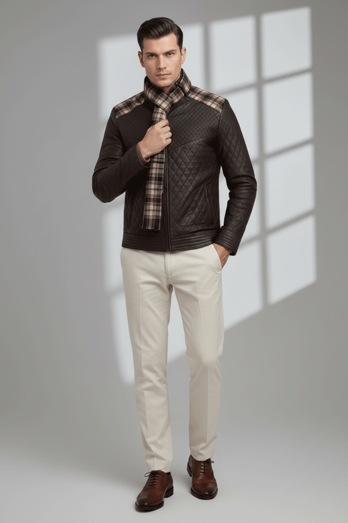 Kahve Steven Erkek Şallı Kapitone Hakiki Deri Mont