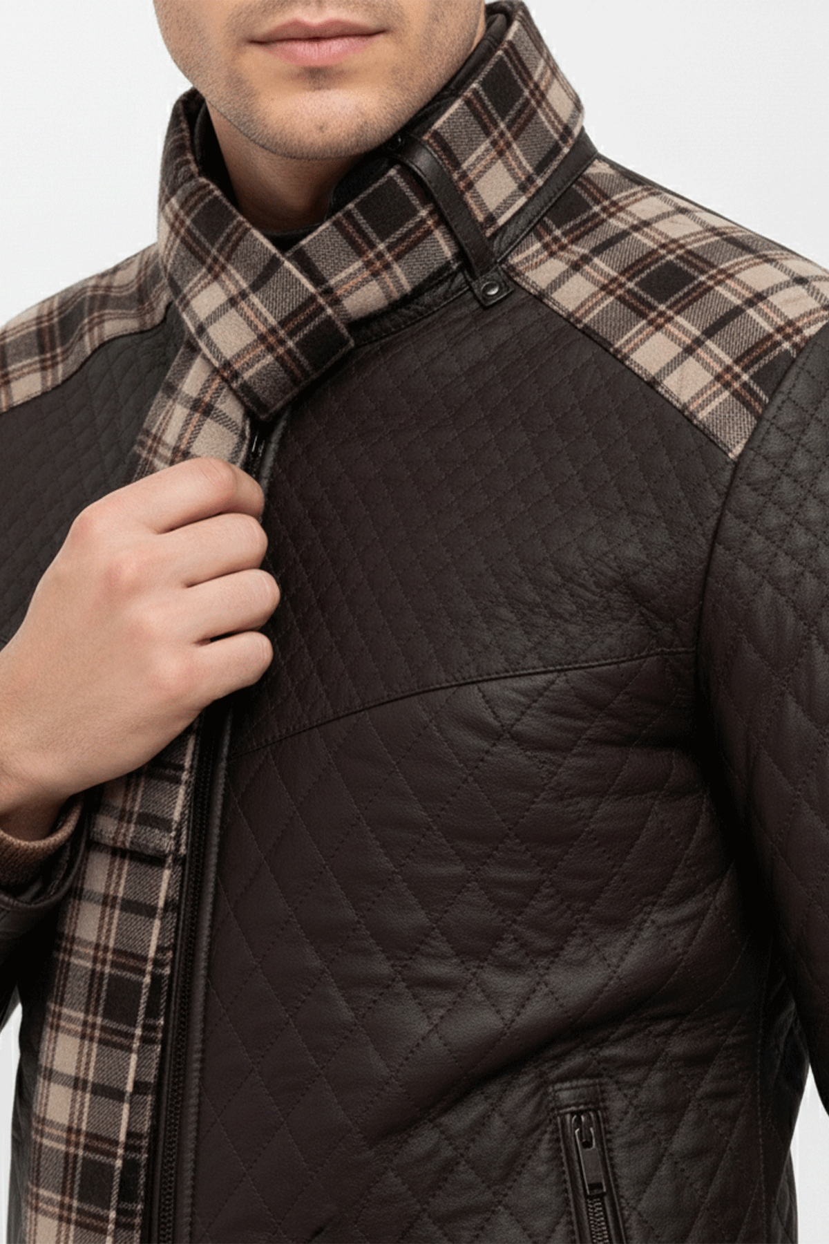 Kahve Steven Erkek Şallı Kapitone Hakiki Deri Mont