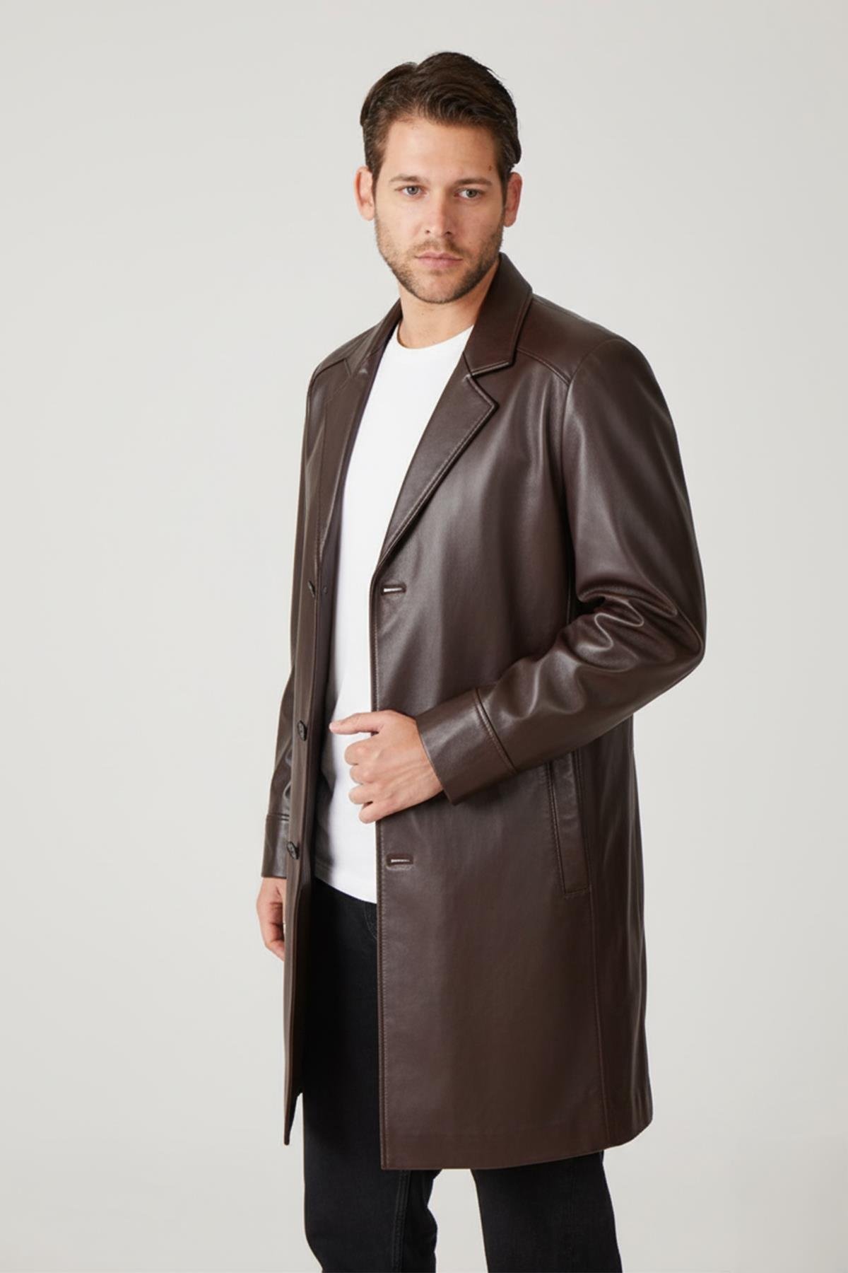 Kahve Tarkan Düğmeli Astarlı Trençkot Erkek Hakiki Deri Kaban