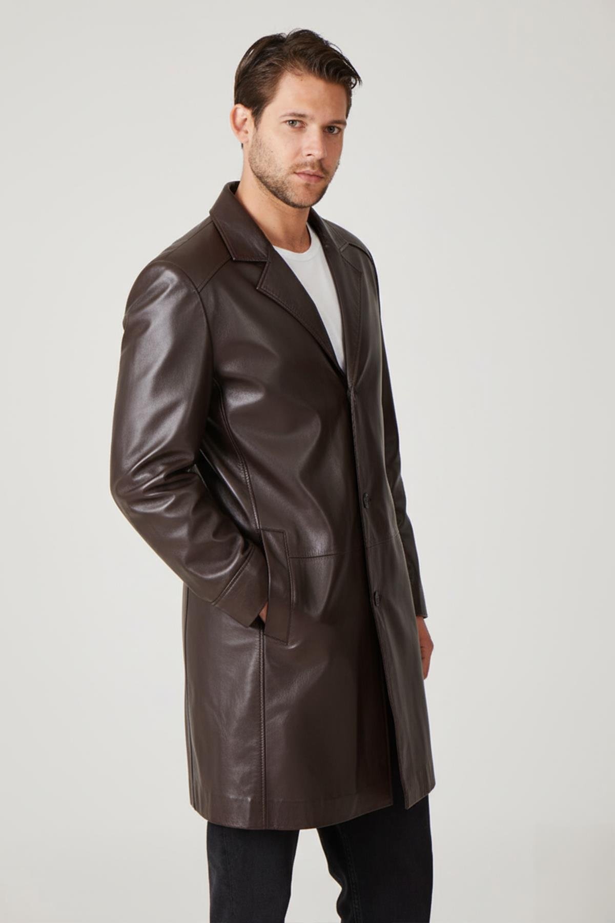 Kahve Tarkan Düğmeli Astarlı Trençkot Erkek Hakiki Deri Kaban