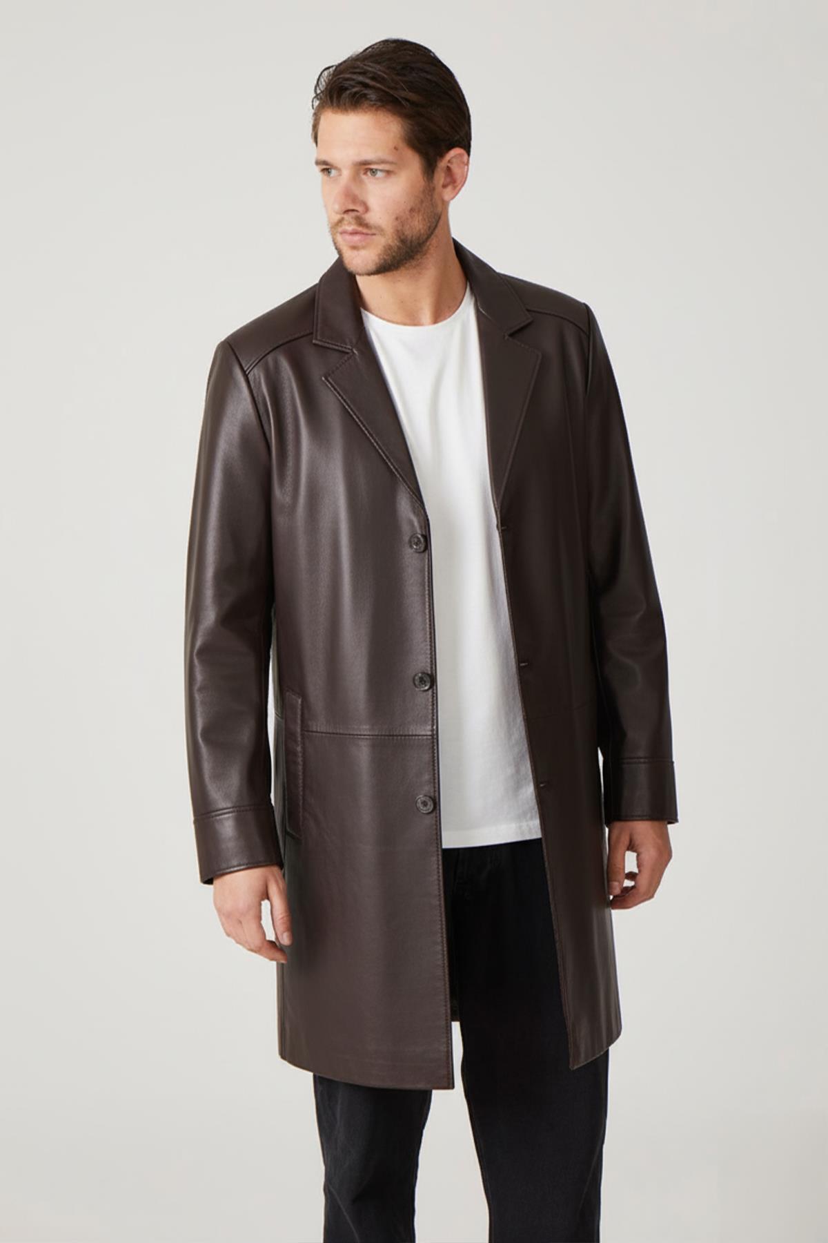 Kahve Tarkan Düğmeli Astarlı Trençkot Erkek Hakiki Deri Kaban