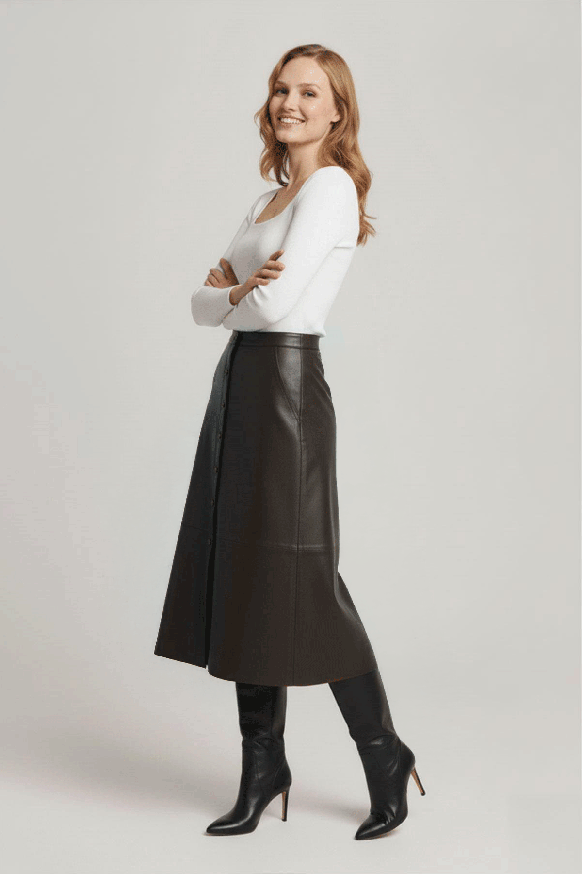 Kahverengi Clara Kadın Kloş Hakiki Deri Etek