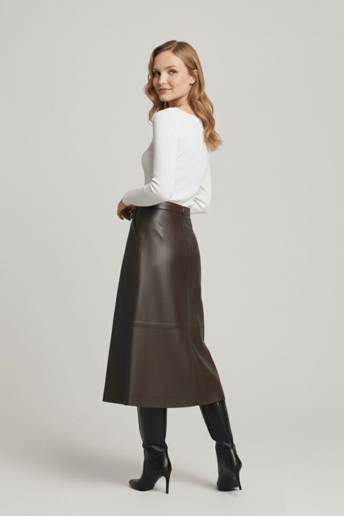 Kahverengi Clara Kadın Kloş Hakiki Deri Etek