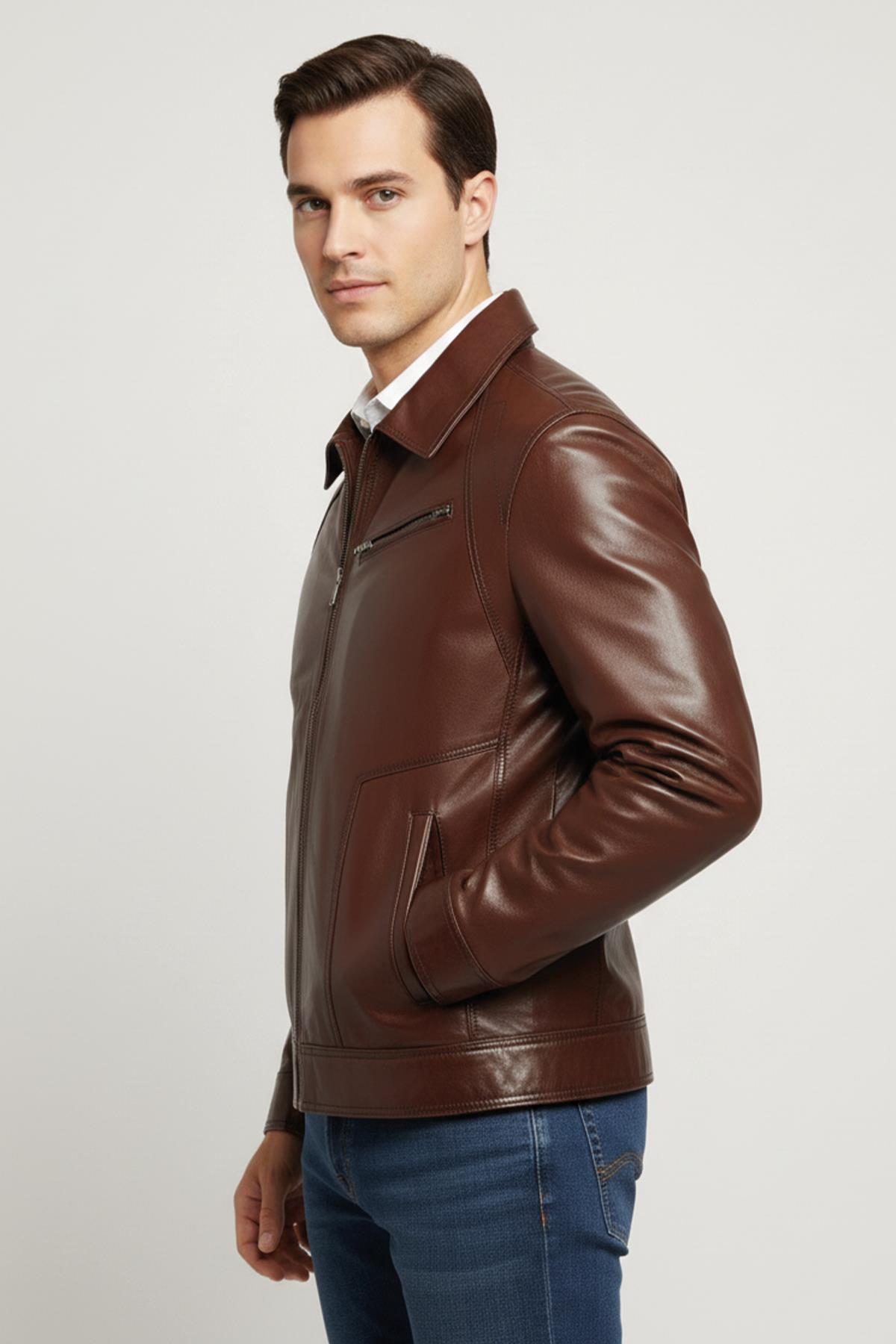 Kahverengi Dik Yaka Fermuarlı Göğüs Cepli Erkek Hakiki Deri Ceket
