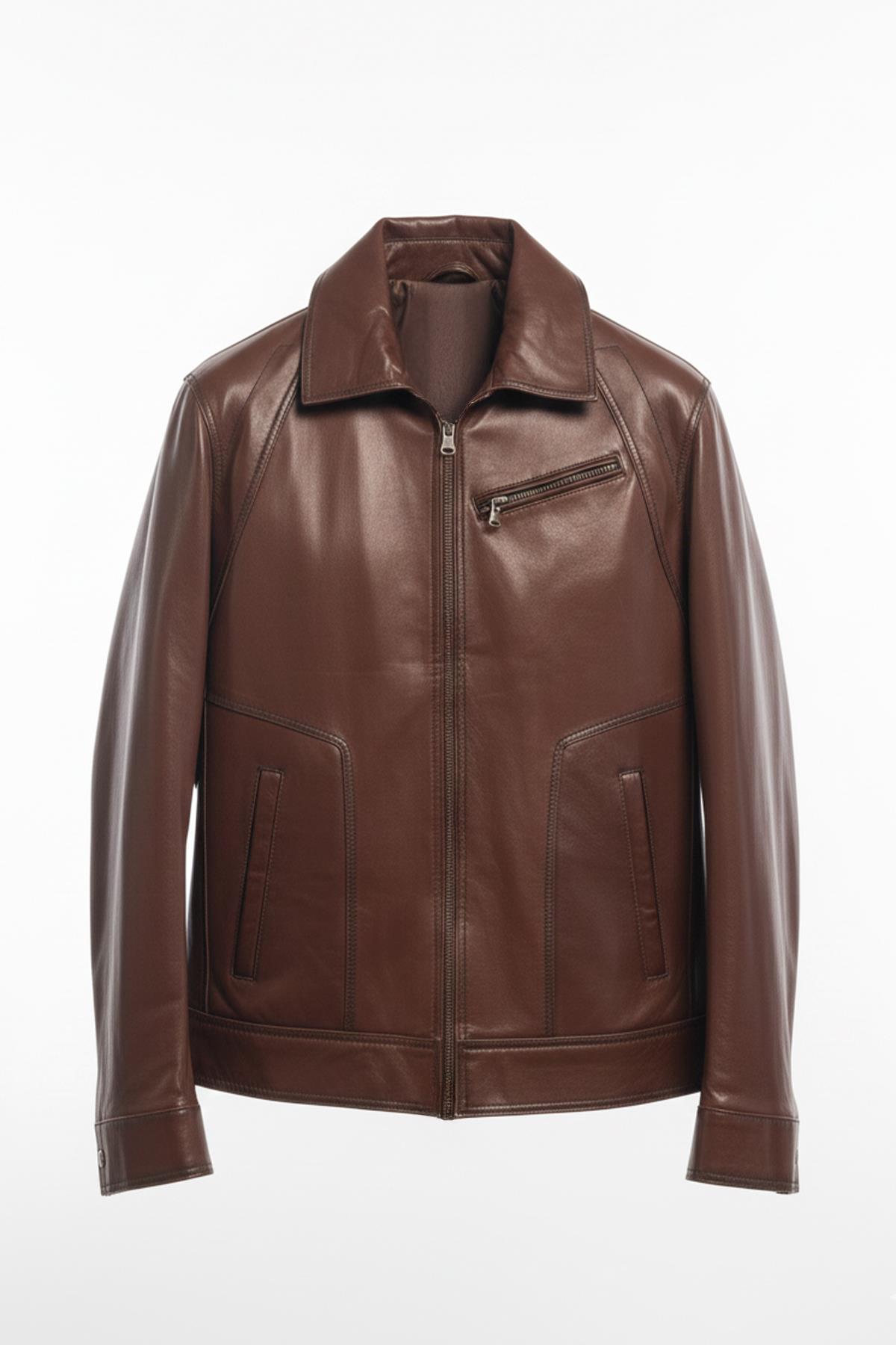 Kahverengi Dik Yaka Fermuarlı Göğüs Cepli Erkek Hakiki Deri Ceket