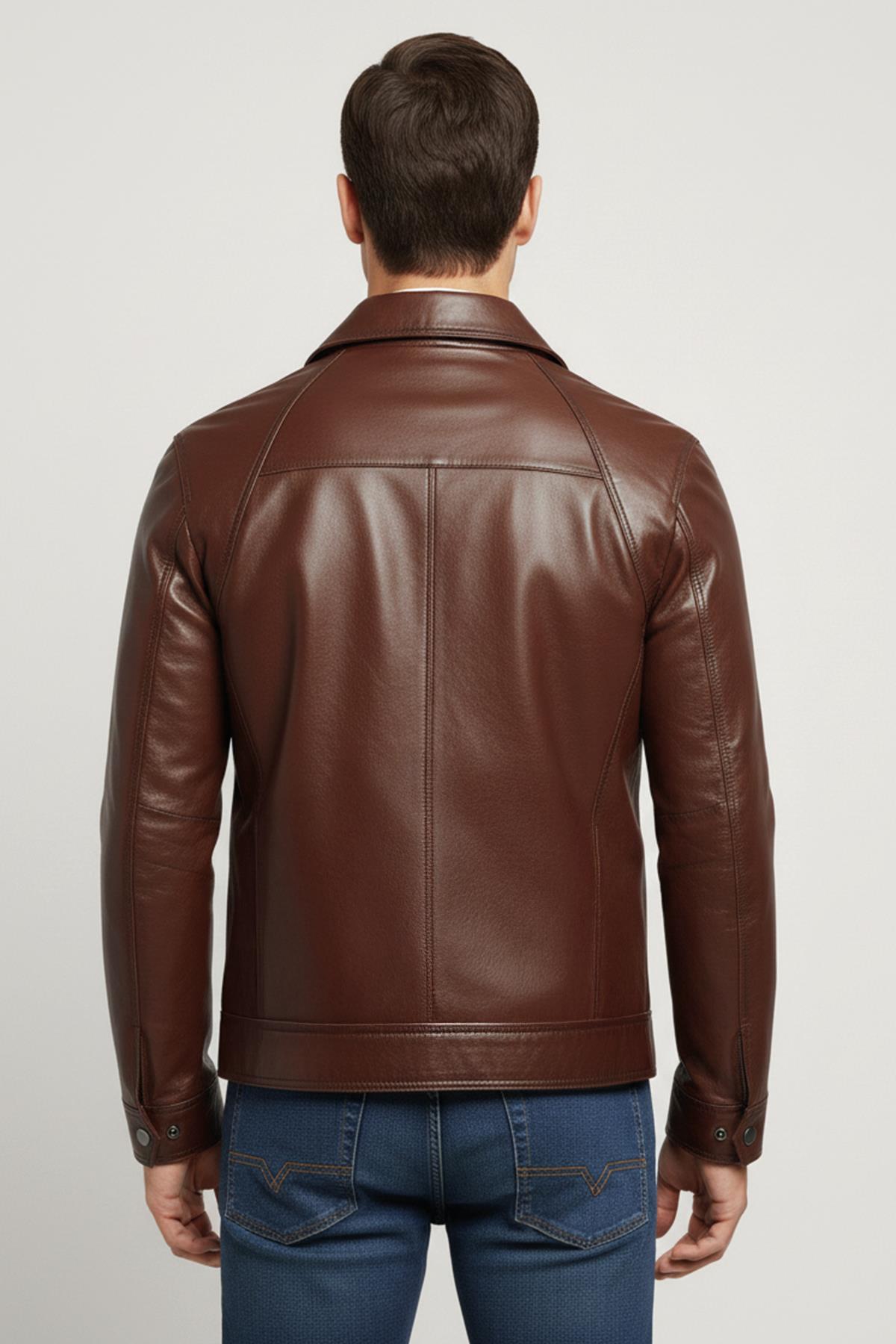 Kahverengi Dik Yaka Fermuarlı Göğüs Cepli Erkek Hakiki Deri Ceket