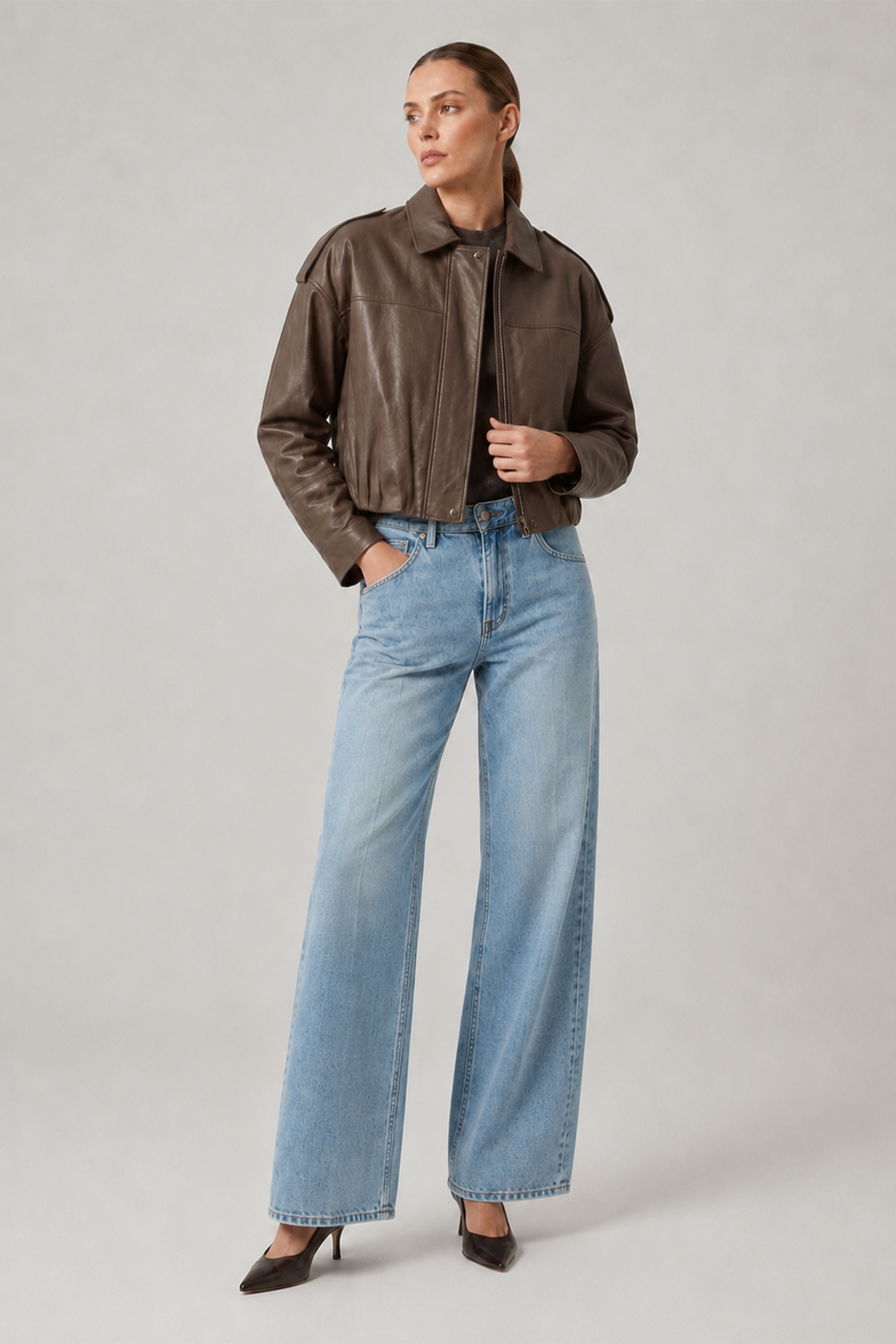 Kahverengi Hakiki Deri Oversize Crop Kemerli Omuz Apolet Detaylı Kadın Ceket