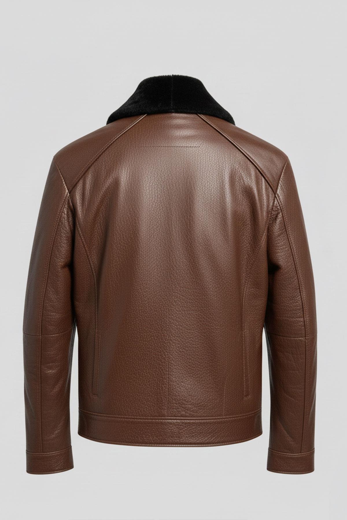 Kahverengi Hudson Kürk Yakalı Hakiki Deri Erkek Ceket