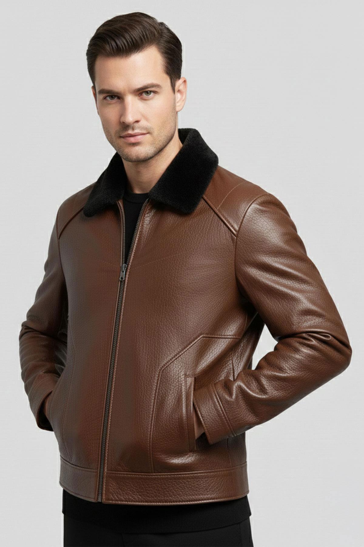 Kahverengi Hudson Kürk Yakalı Hakiki Deri Erkek Ceket