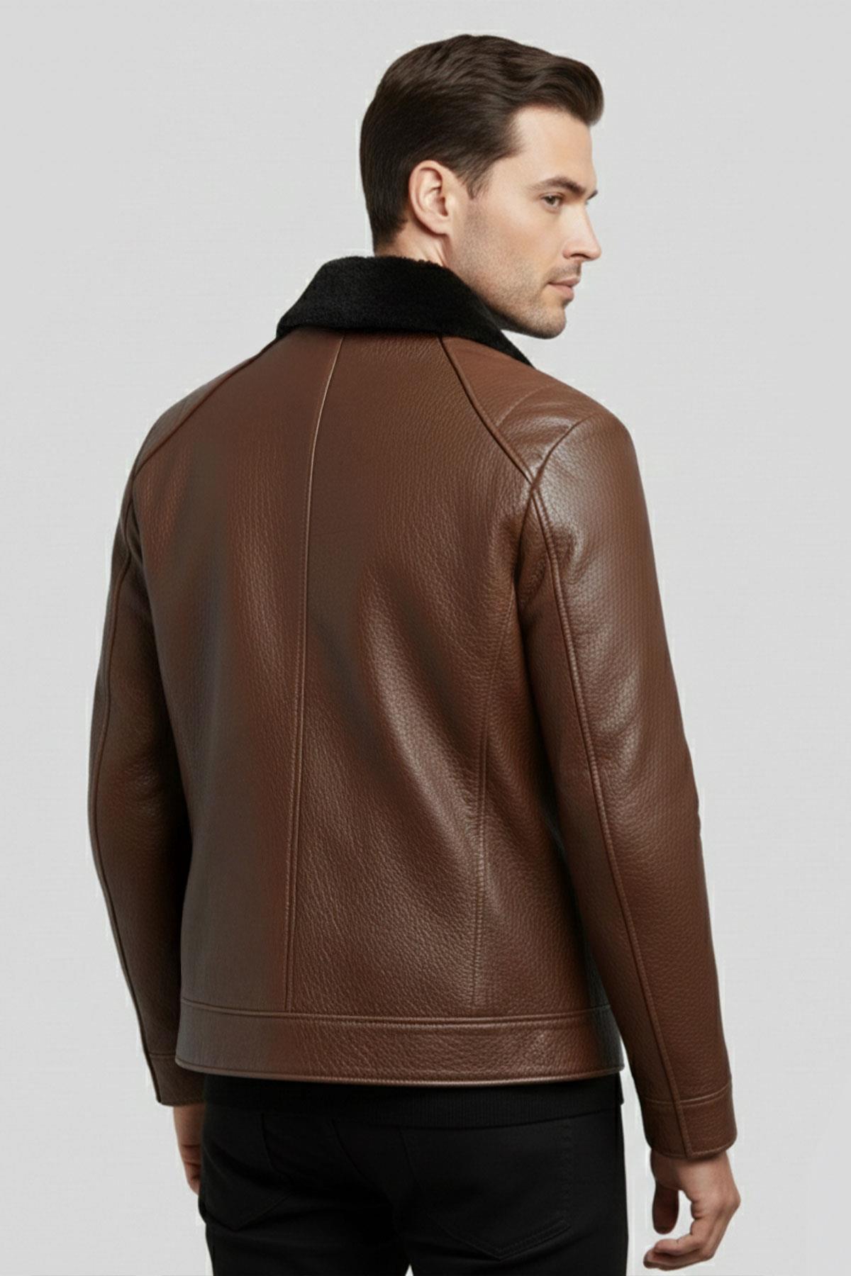 Kahverengi Hudson Kürk Yakalı Hakiki Deri Erkek Ceket
