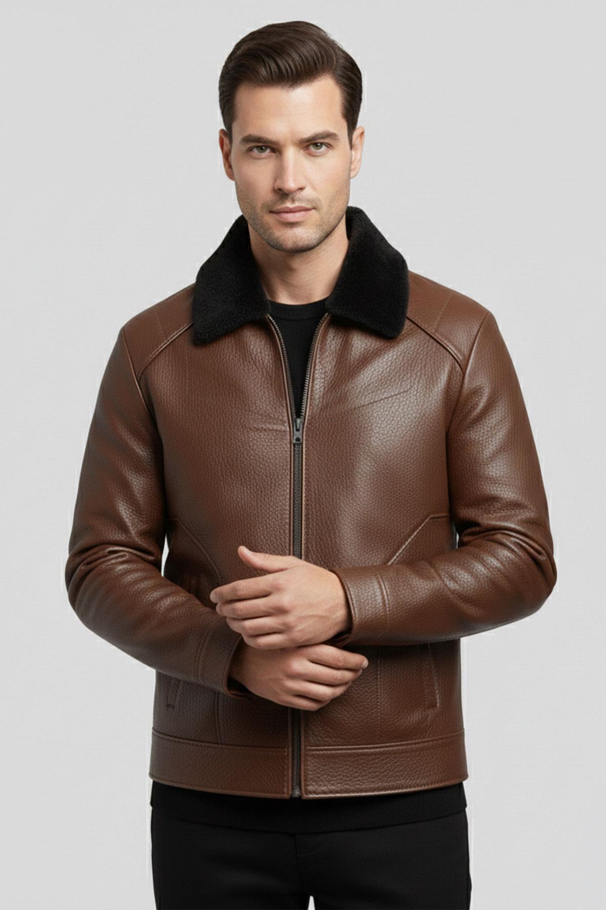 Kahverengi Hudson Kürk Yakalı Hakiki Deri Erkek Ceket