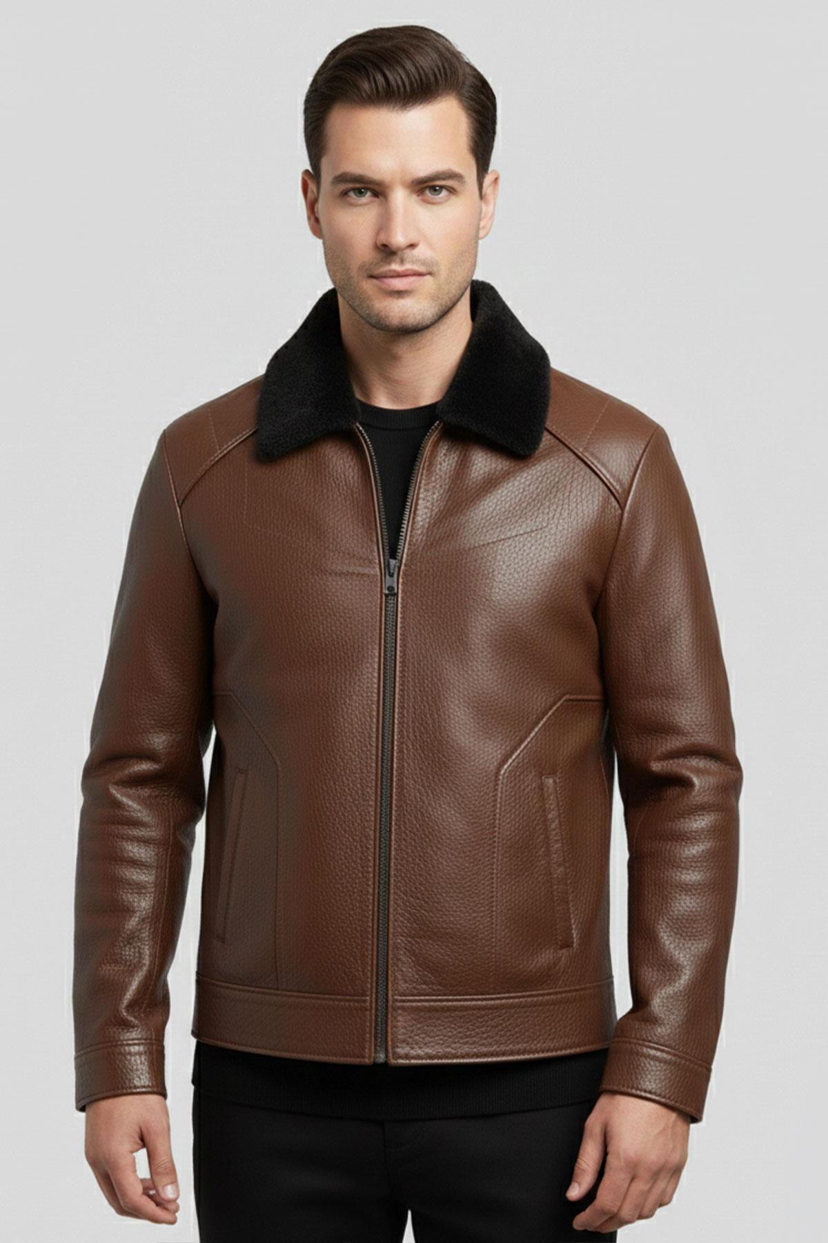 Kahverengi Hudson Kürk Yakalı Hakiki Deri Erkek Ceket