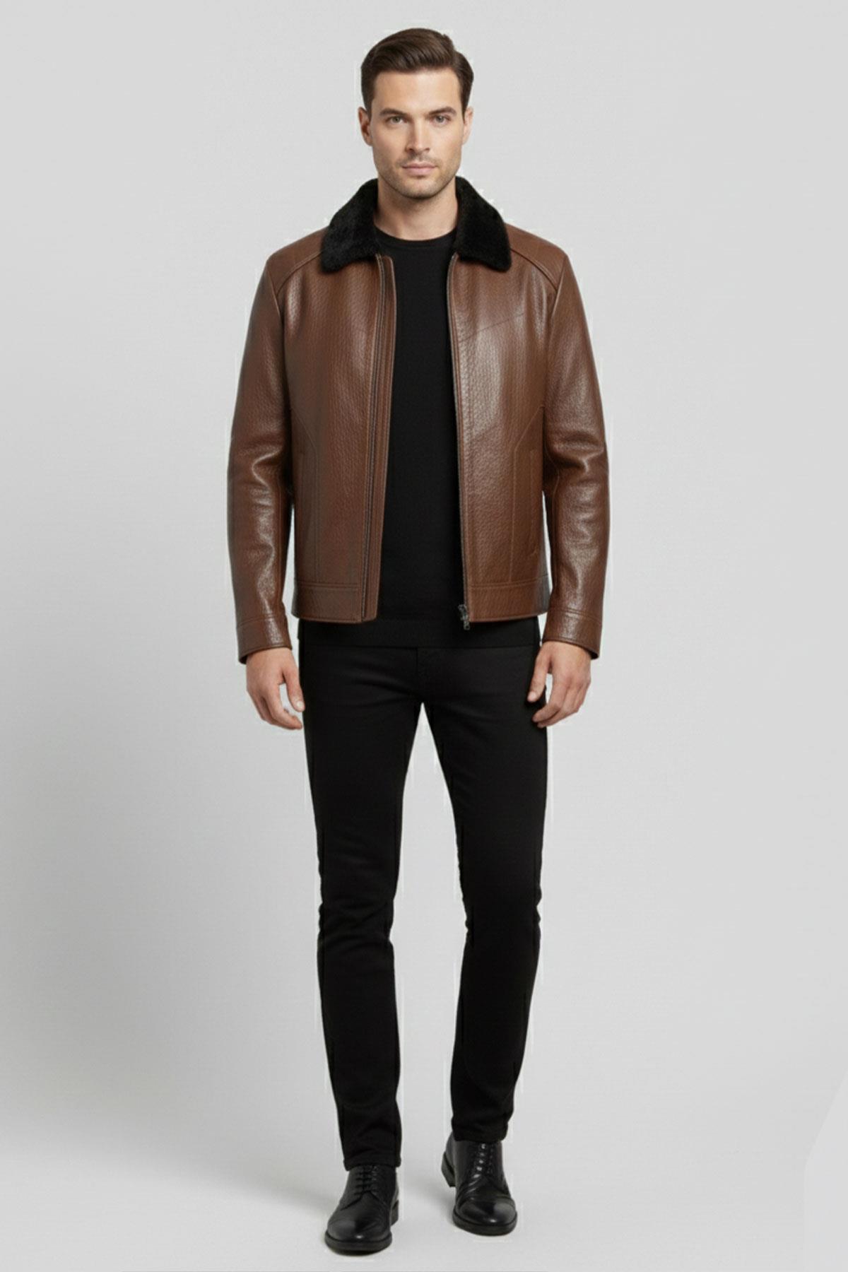 Kahverengi Hudson Kürk Yakalı Hakiki Deri Erkek Ceket
