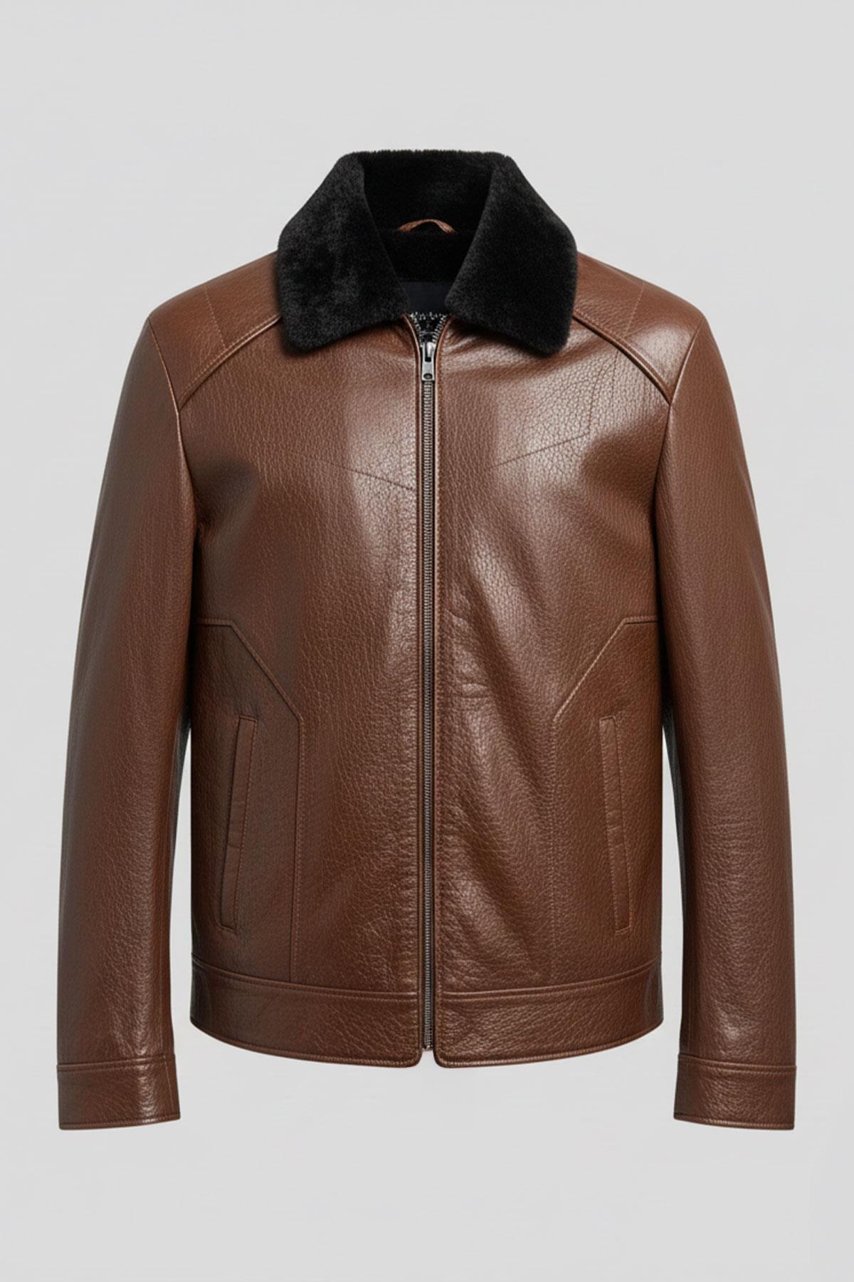 Kahverengi Hudson Kürk Yakalı Hakiki Deri Erkek Ceket