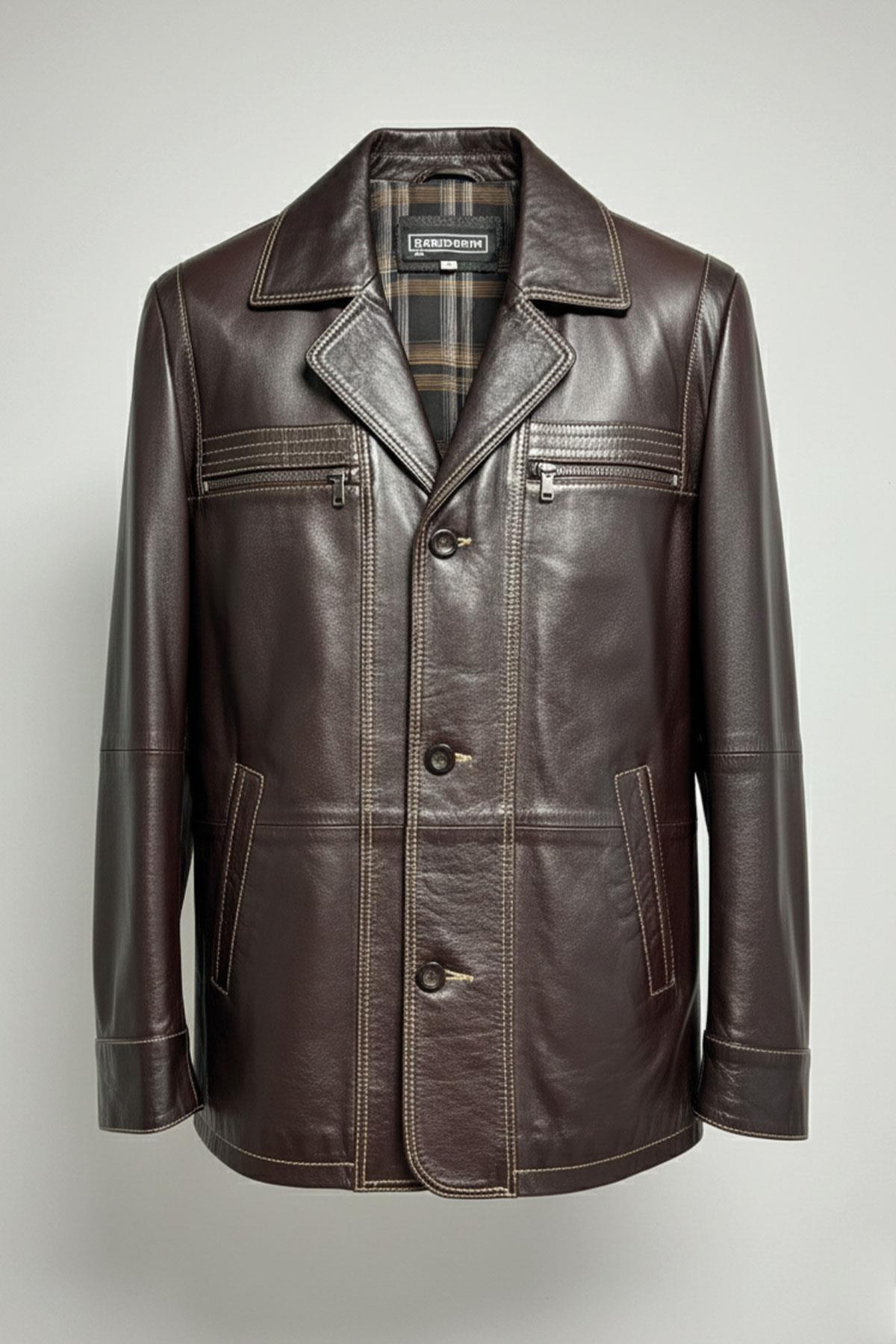 Kahverengi Wiliam Düğme Kapamalı Göğüste Fermuarlı Cep Detaylı Astarlı Erkek Hakiki Deri Ceket