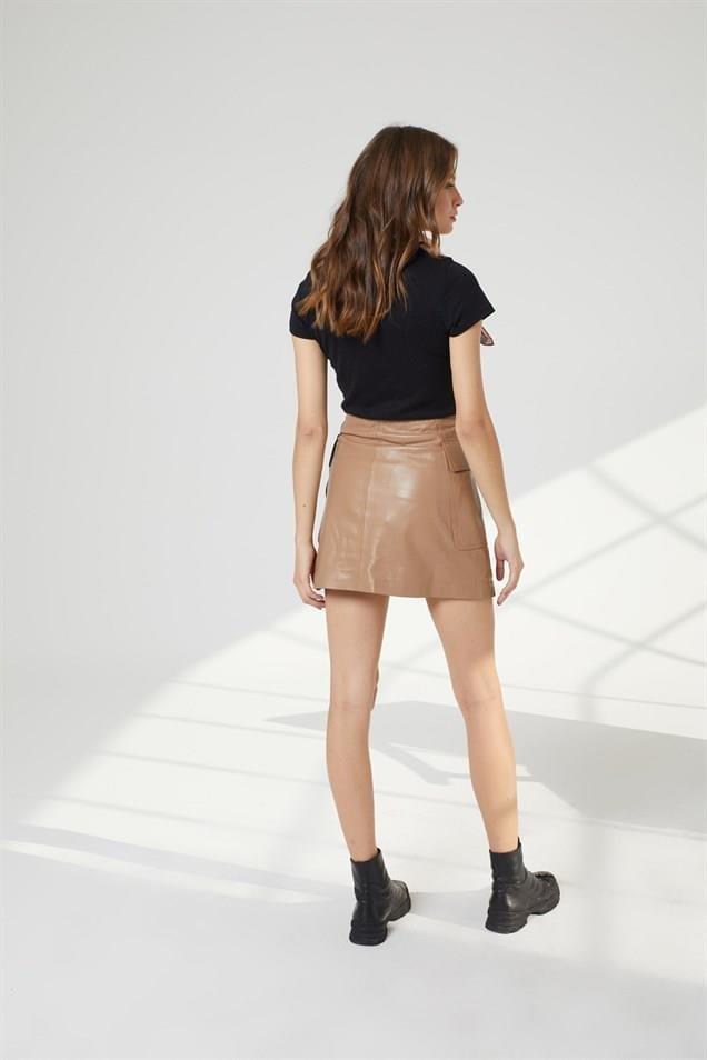 Caramel Lined Bag Pocket Front Zipper Womens Genuine Leather Mini Skirt