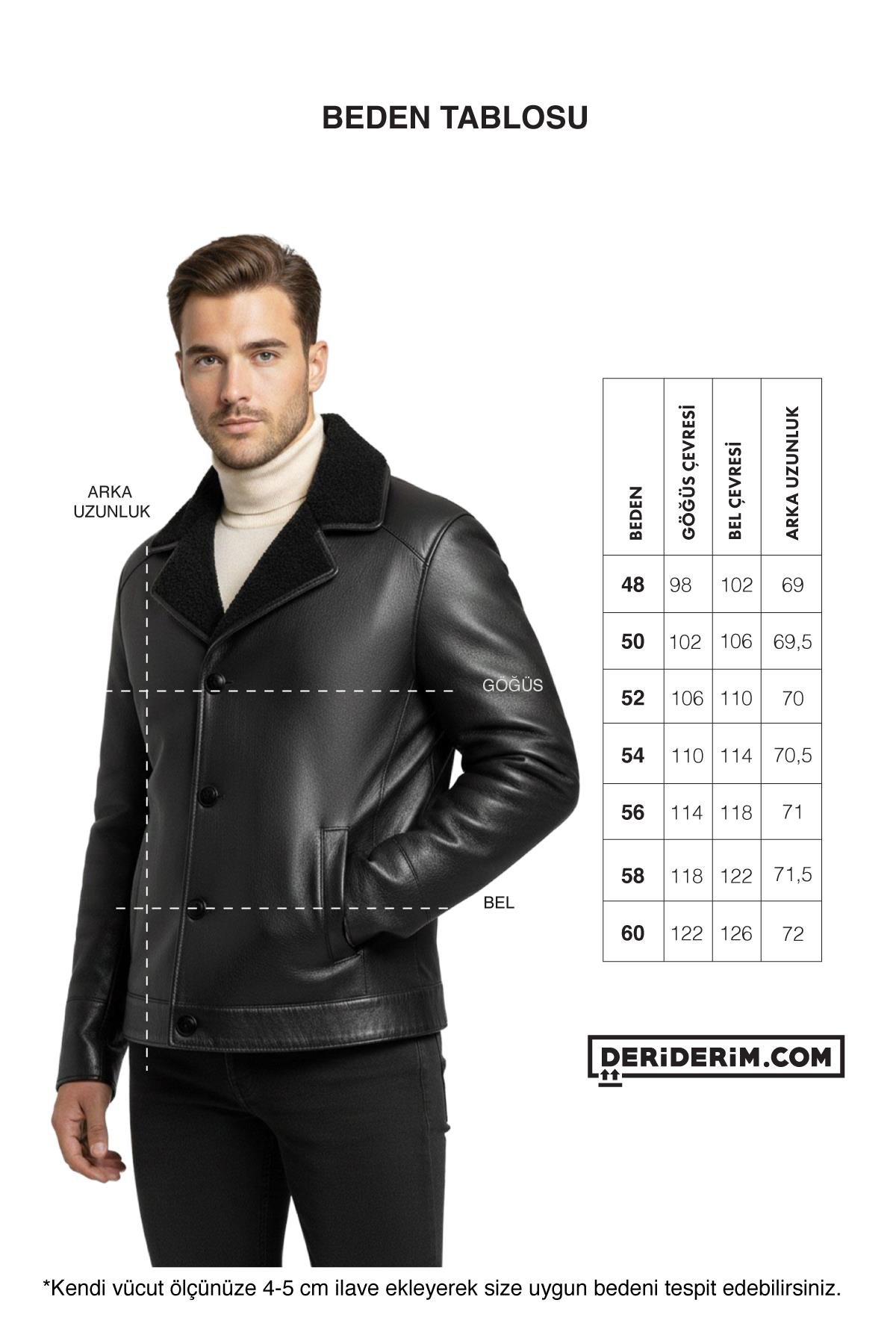 Karl Siyah Parlak Kuzu Kürk Yaka Düğme Kapamalı Erkek Hakiki Deri Mont