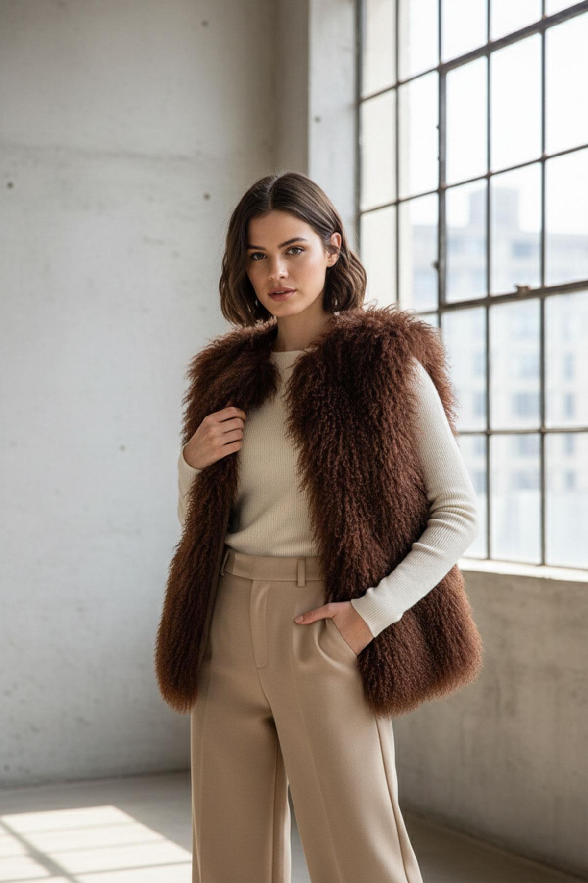 Chestnut Women Mohair Feather Loose Cut Vest
