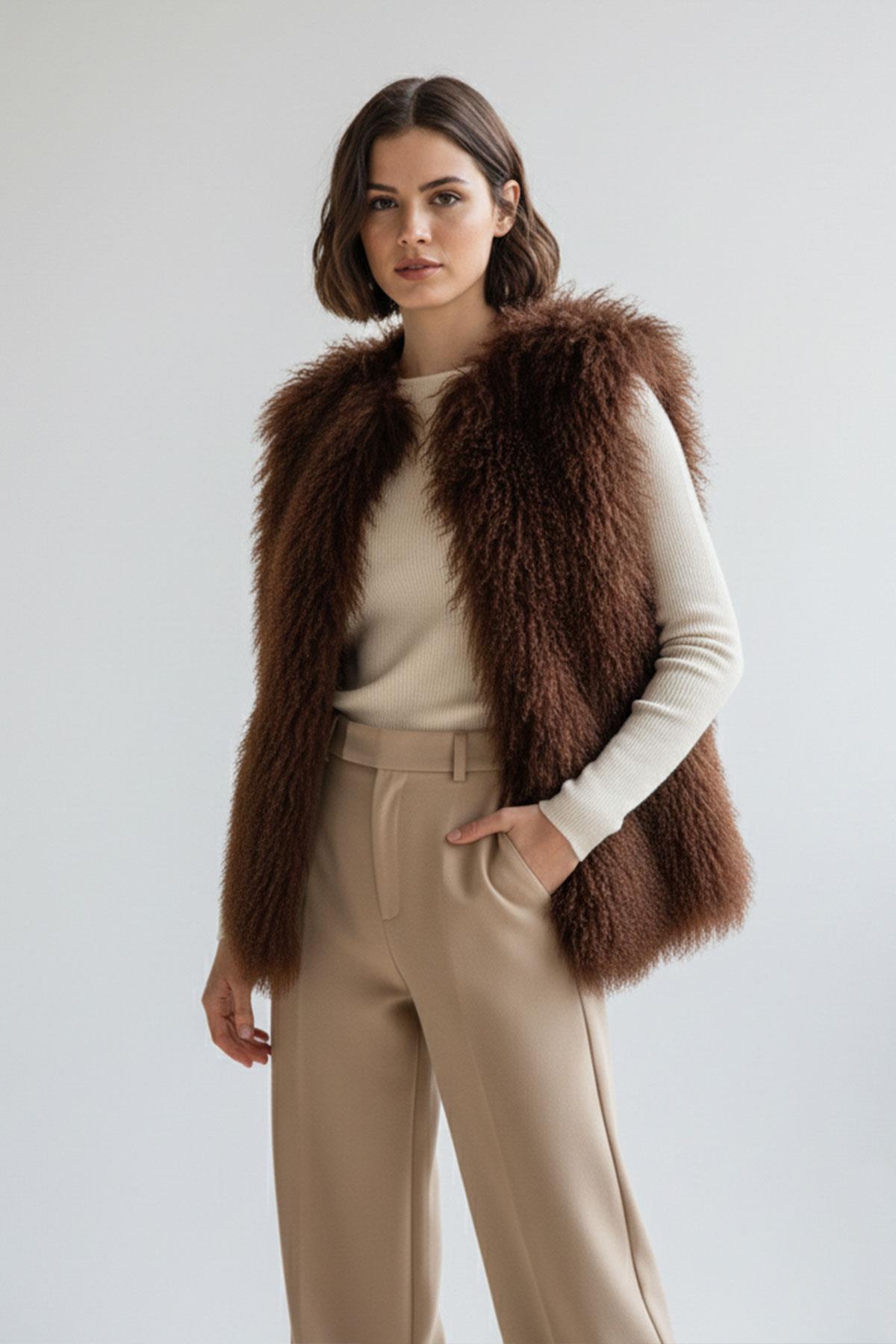 Chestnut Women Mohair Feather Loose Cut Vest