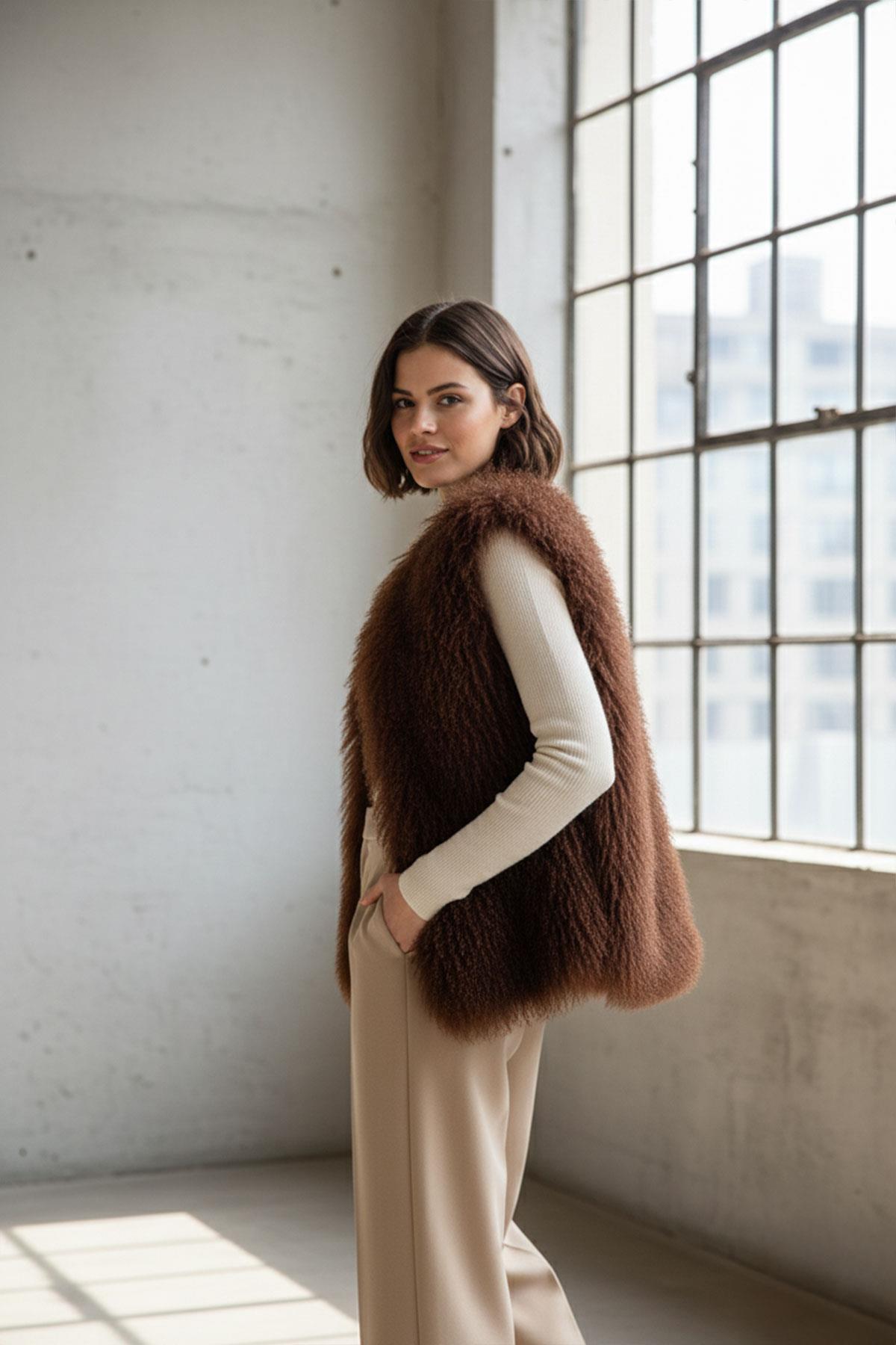 Chestnut Women Mohair Feather Loose Cut Vest